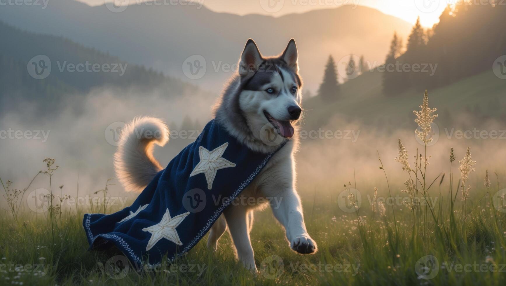 Playful husky dog wearing a starry cape running through a misty meadow at sunrise photo