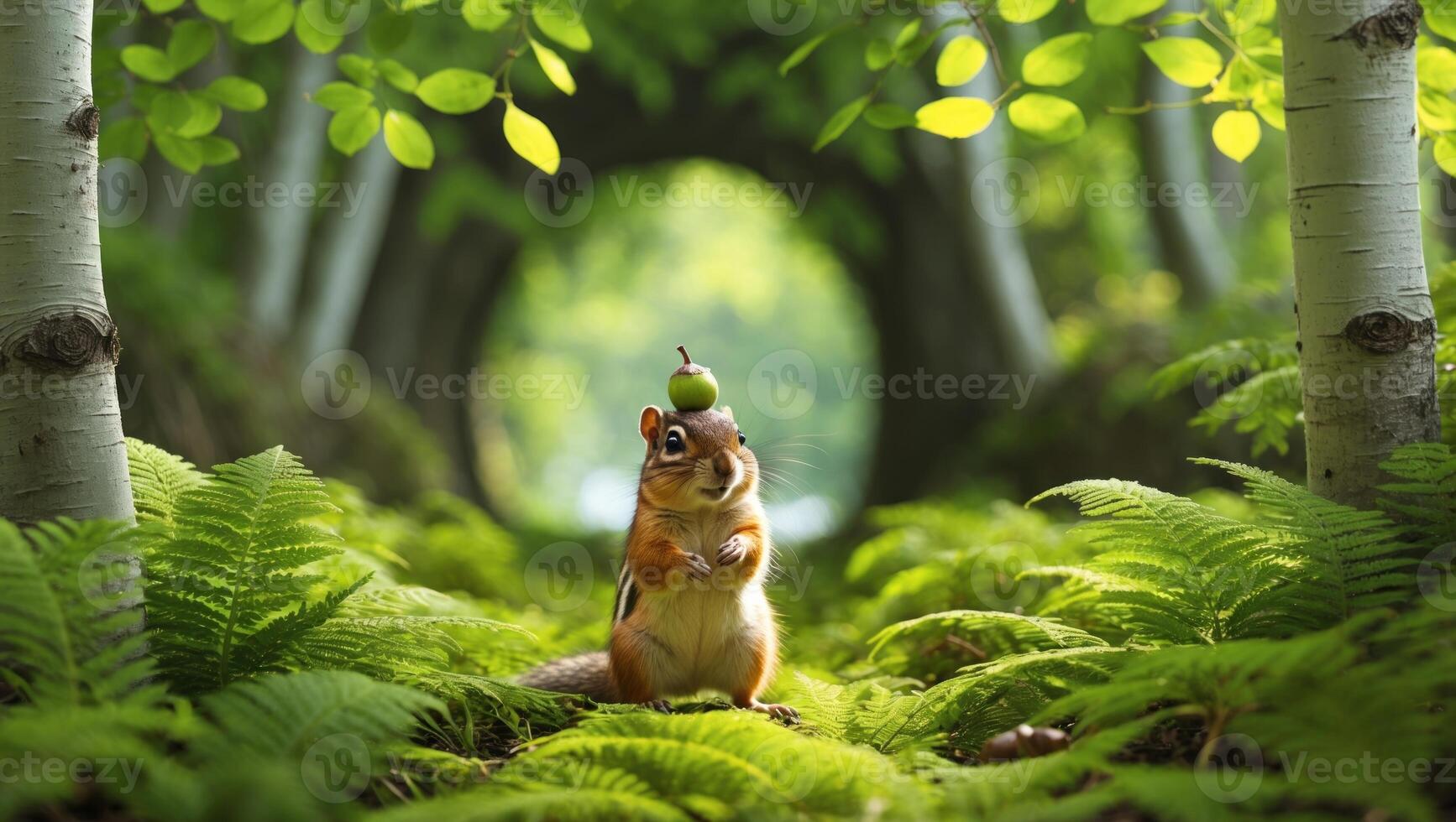 Squirrel Balancing a Green Apple in a Lush Forest Surrounded by Ferns and Trees photo