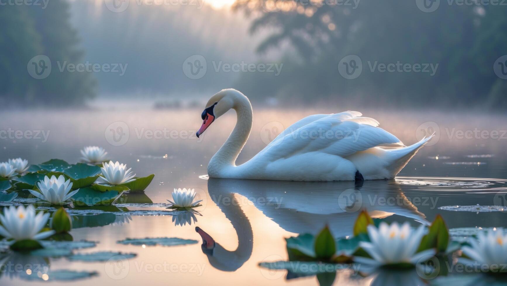 Elegant swan gliding on a misty lake surrounded by blooming water lilies at dawn photo