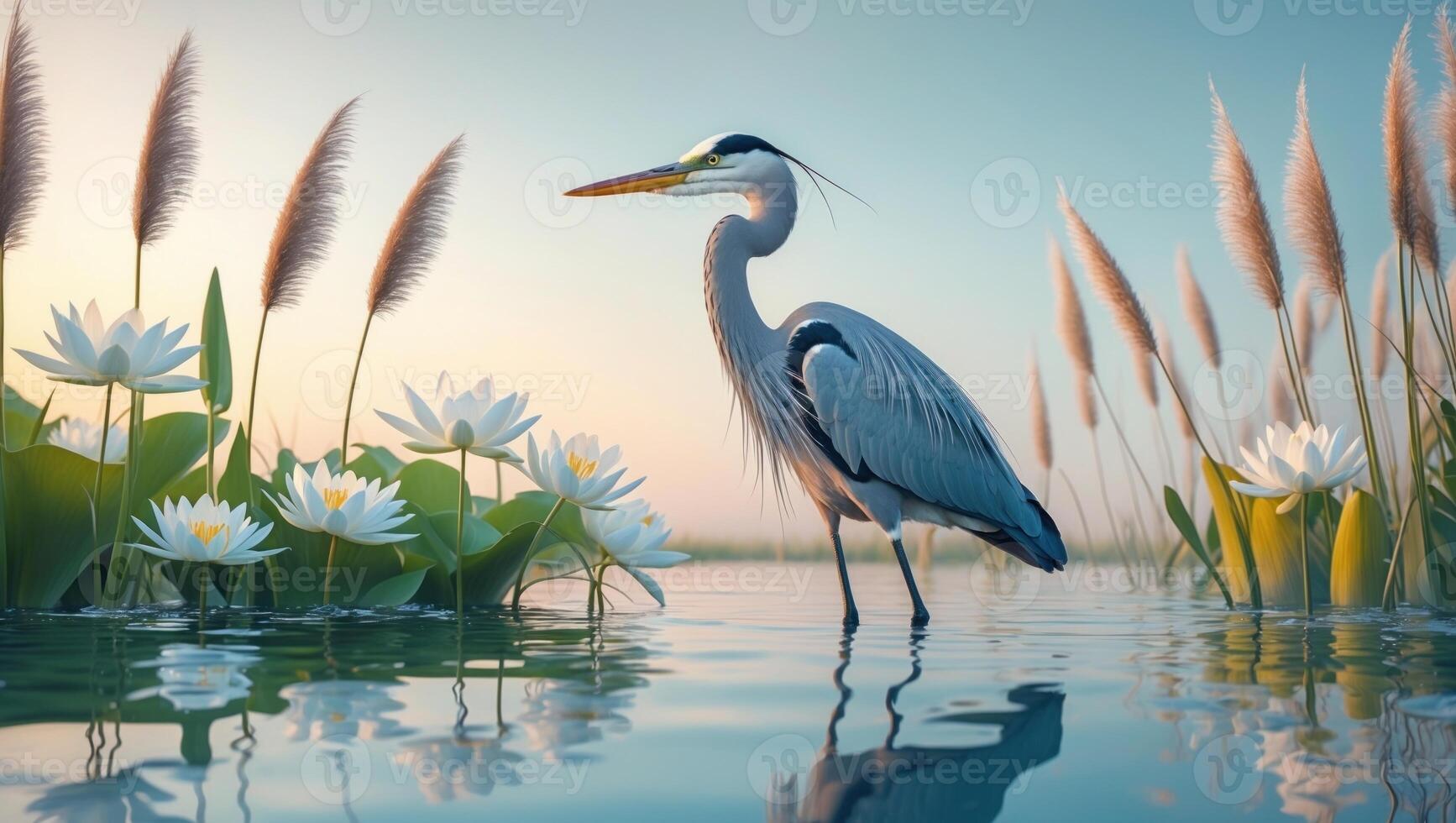 Majestic heron standing in serene water surrounded by blooming lilies and tall grasses at sunset photo