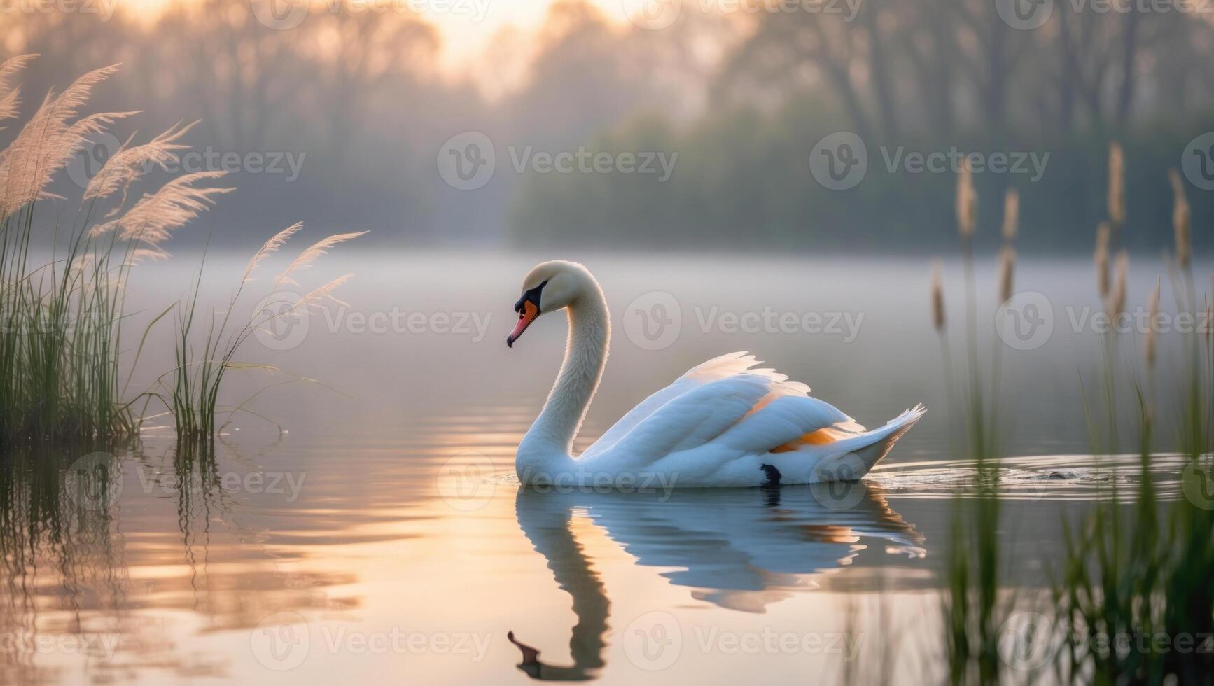 Serene swan gliding through misty waters at dawn, surrounded by soft grasses and tranquil reflections photo