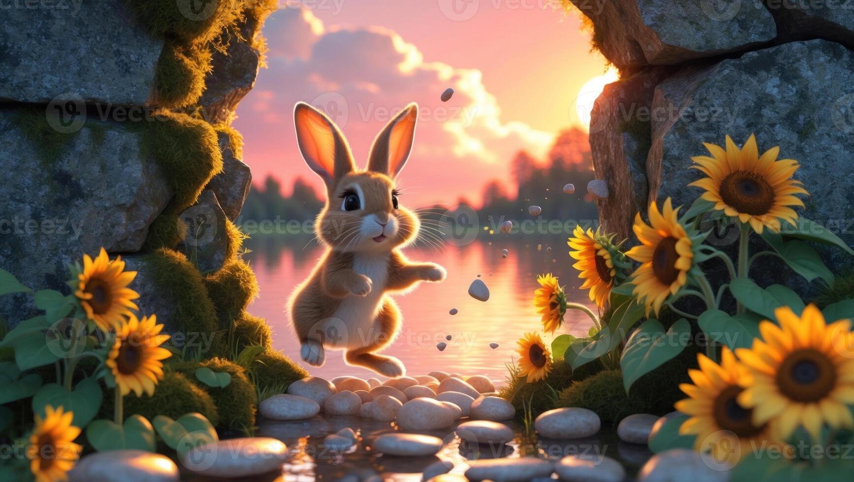 A playful rabbit hops across a stone path by a serene lake at sunset, surrounded by vibrant sunflowers photo