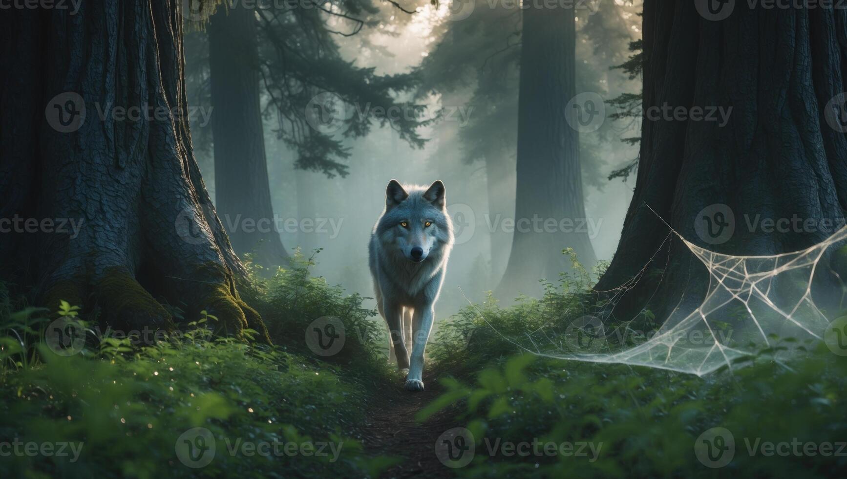 Majestic wolf walking through a misty forest path, surrounded by towering trees and spider webs photo