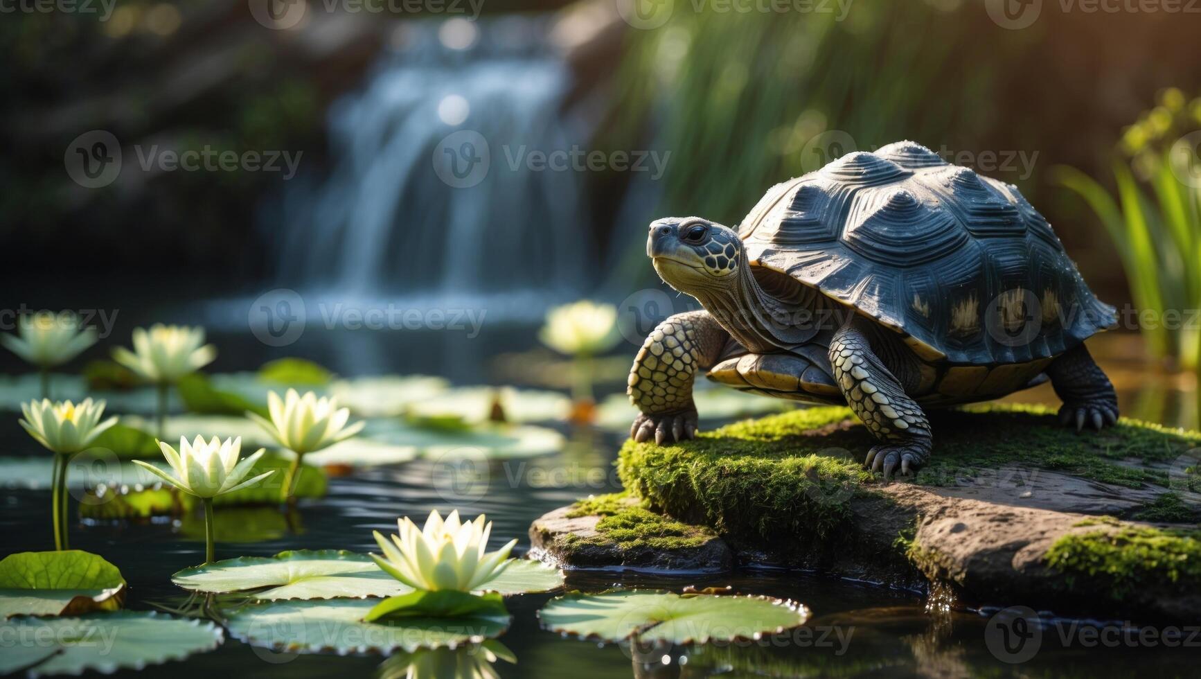 Turtle basking on a mossy rock amidst lily pads by a tranquil waterfall in a serene garden setting photo