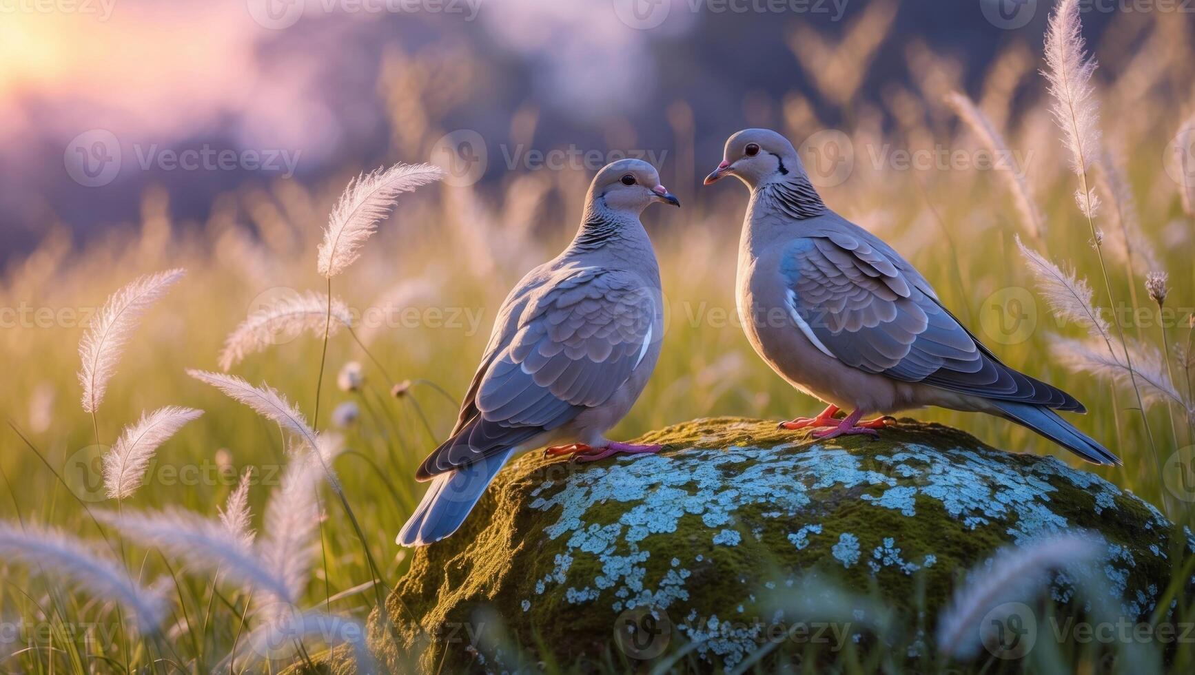 Two doves perched on a mossy rock in a sunlit field of tall grass, with a soft, blurred background photo