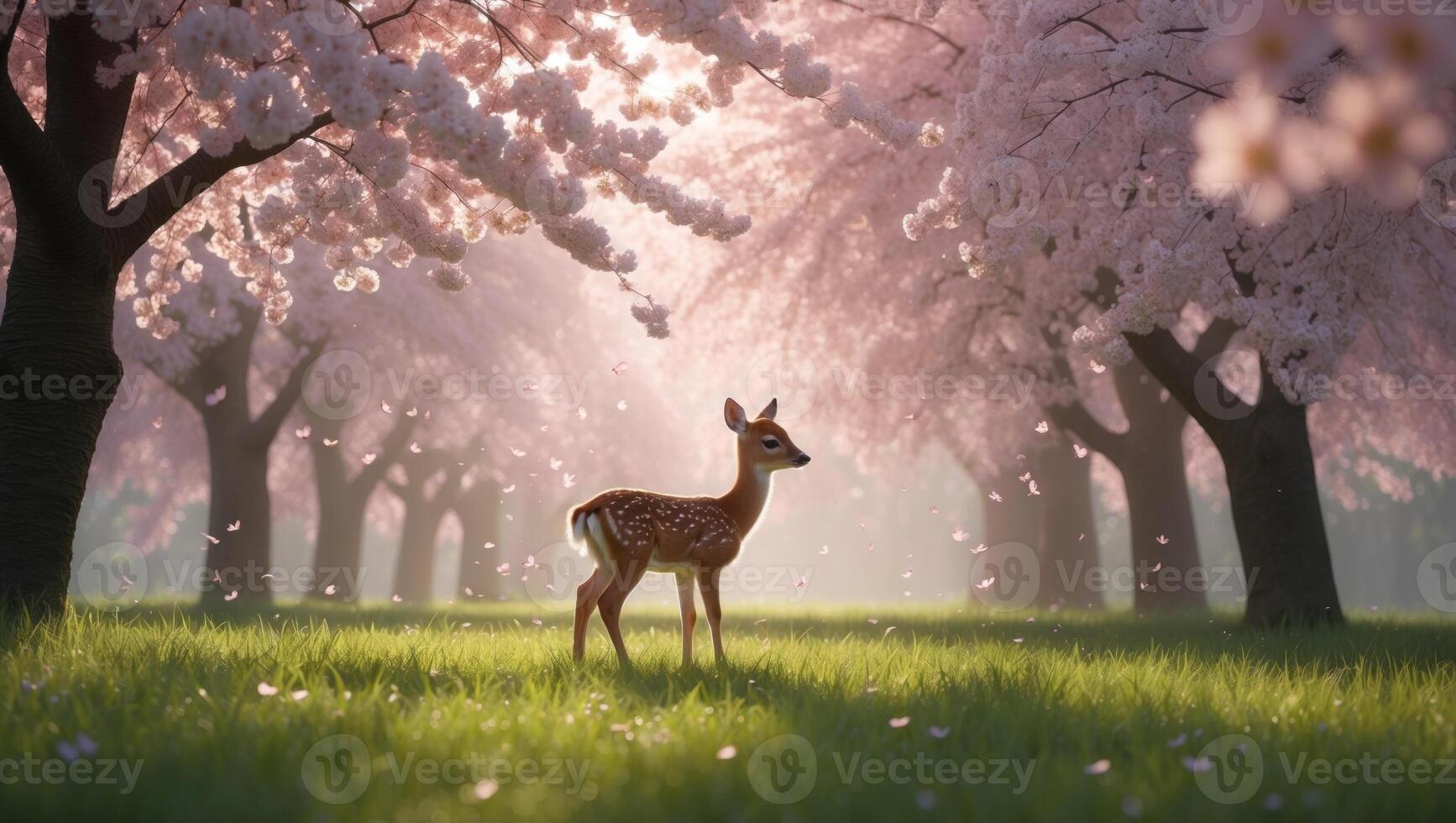 A serene scene of a fawn standing in a blooming cherry blossom grove with soft sunlight filtering through photo