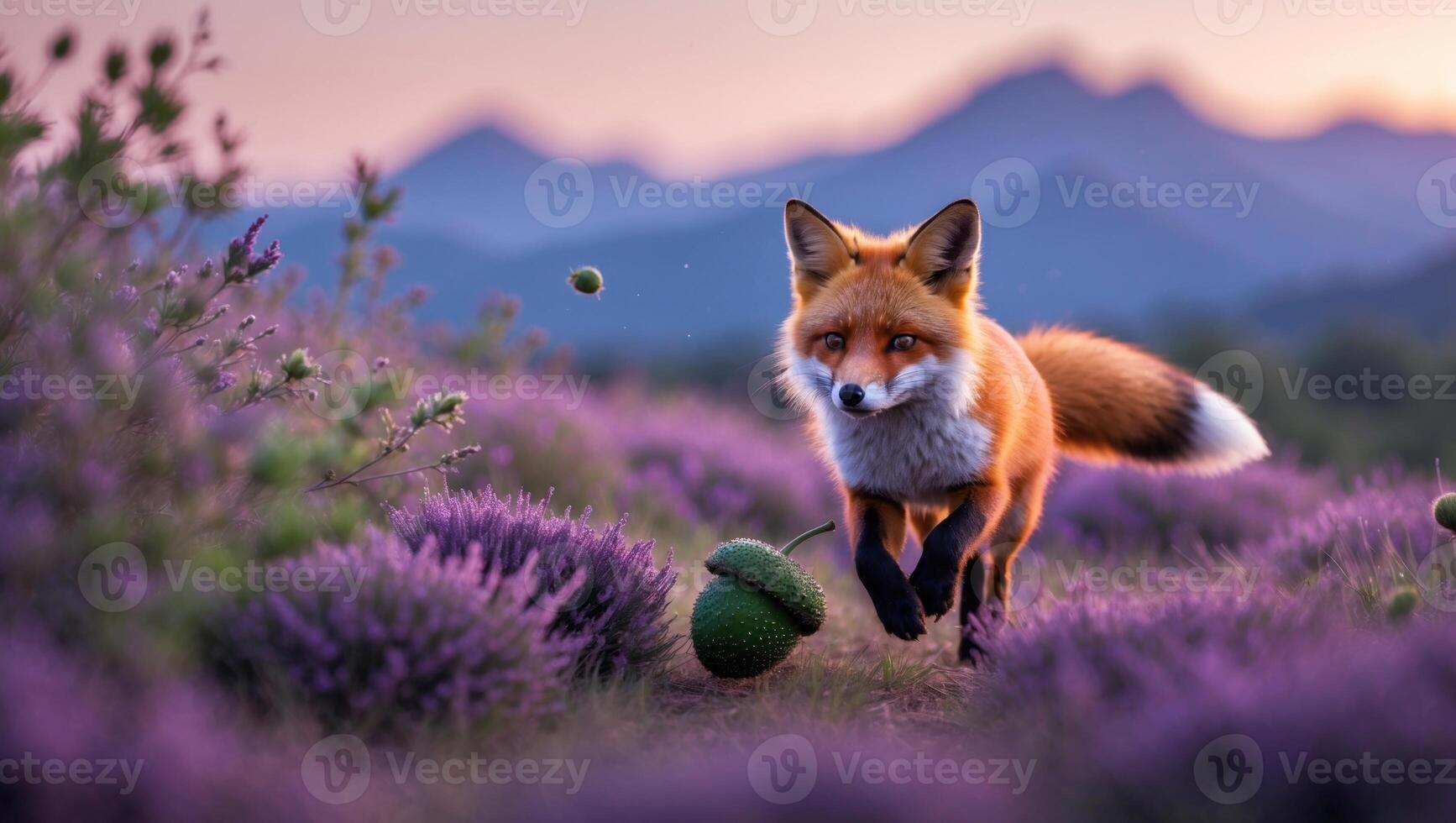 A playful fox running through a vibrant lavender field with mountains in the background at sunset photo
