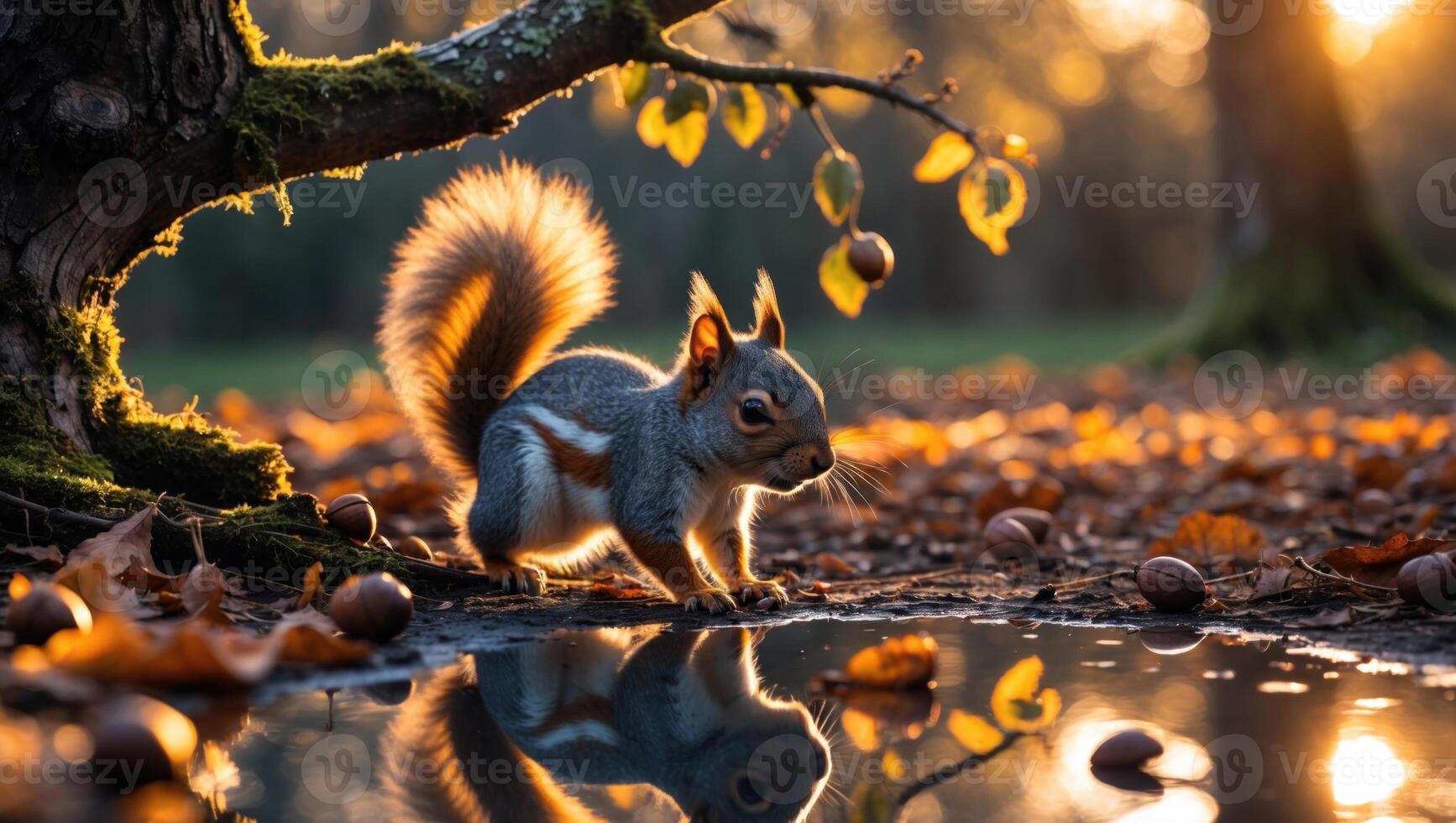 Squirrel foraging near a tranquil pond surrounded by autumn leaves in a serene forest setting photo