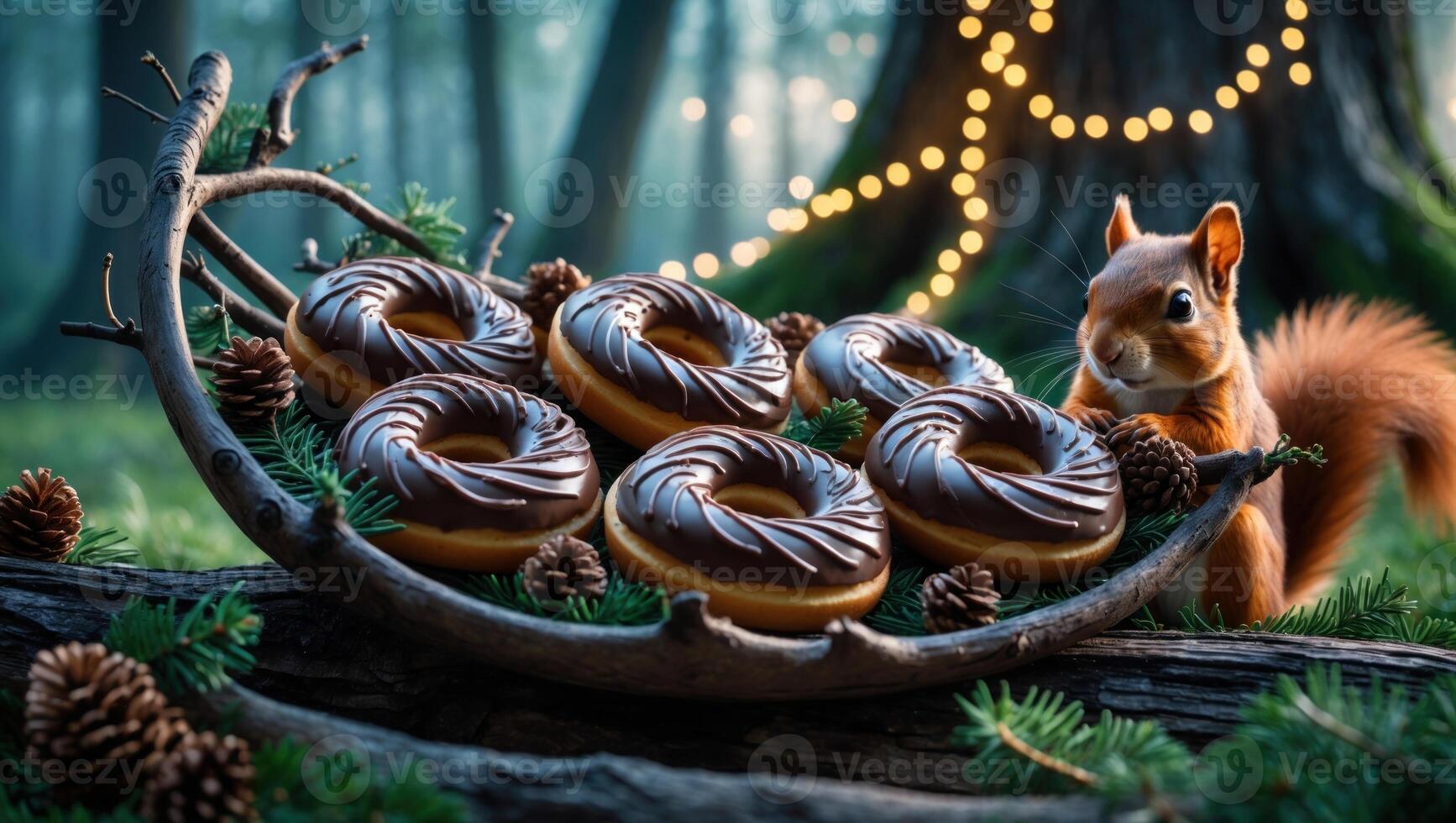 Squirrel Surrounded by Chocolate Donuts on a Rustic Tray Amidst a Forest with Soft Lights photo