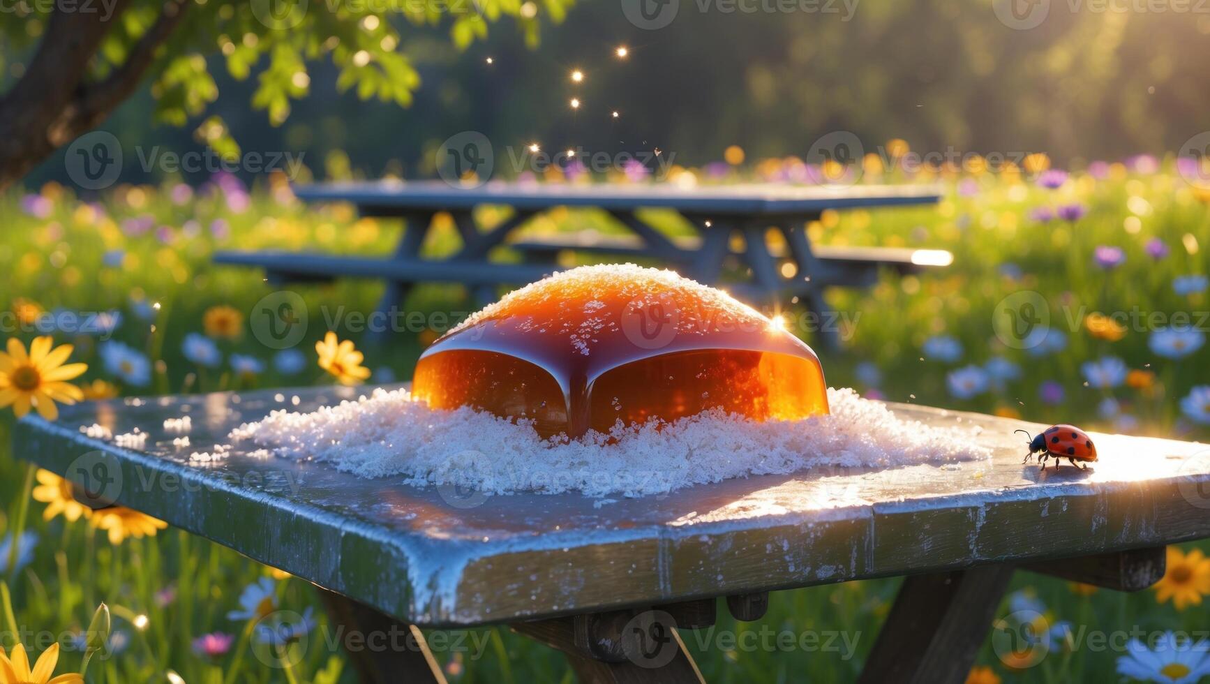 A vibrant jelly dessert sits on a wooden table surrounded by blooming flowers in a sunlit meadow photo