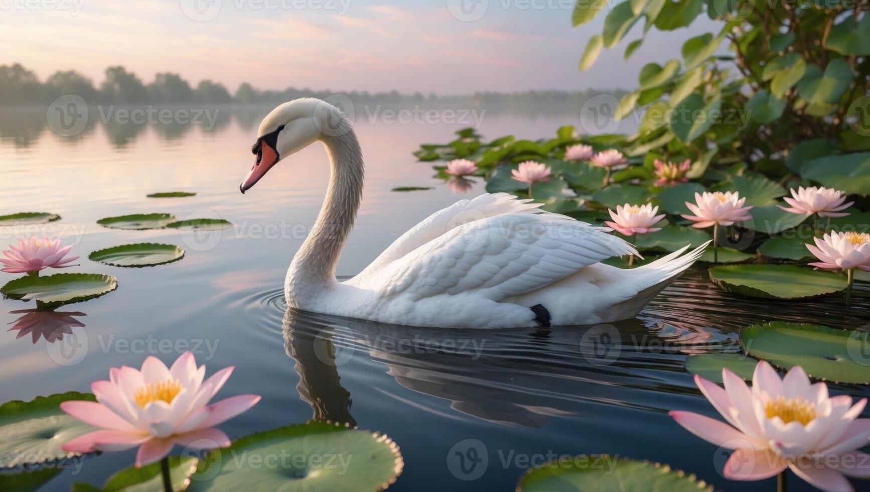 Elegant swan gracefully gliding on a serene lake surrounded by blooming lotus flowers at dawn photo