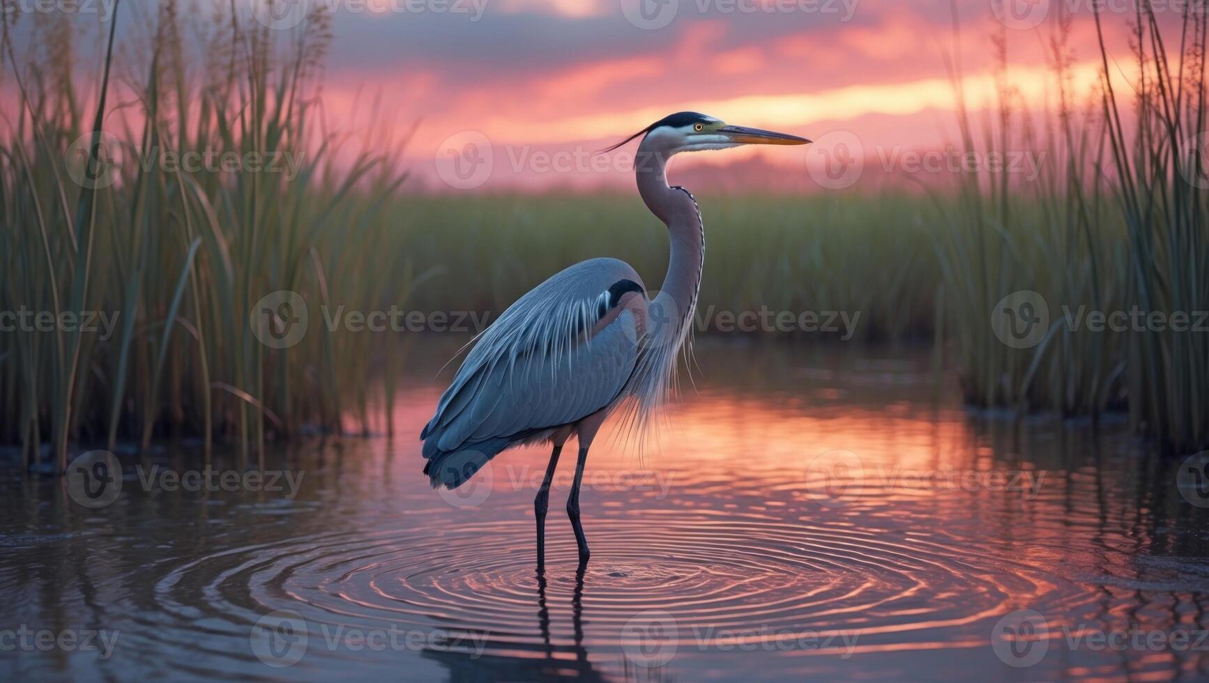 Great blue heron standing in calm water at sunset, surrounded by tall grass and vibrant sky colors photo