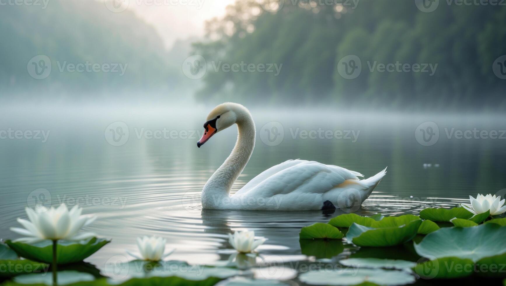 Elegant swan gliding through serene waters surrounded by lily pads and misty forest backdrop photo