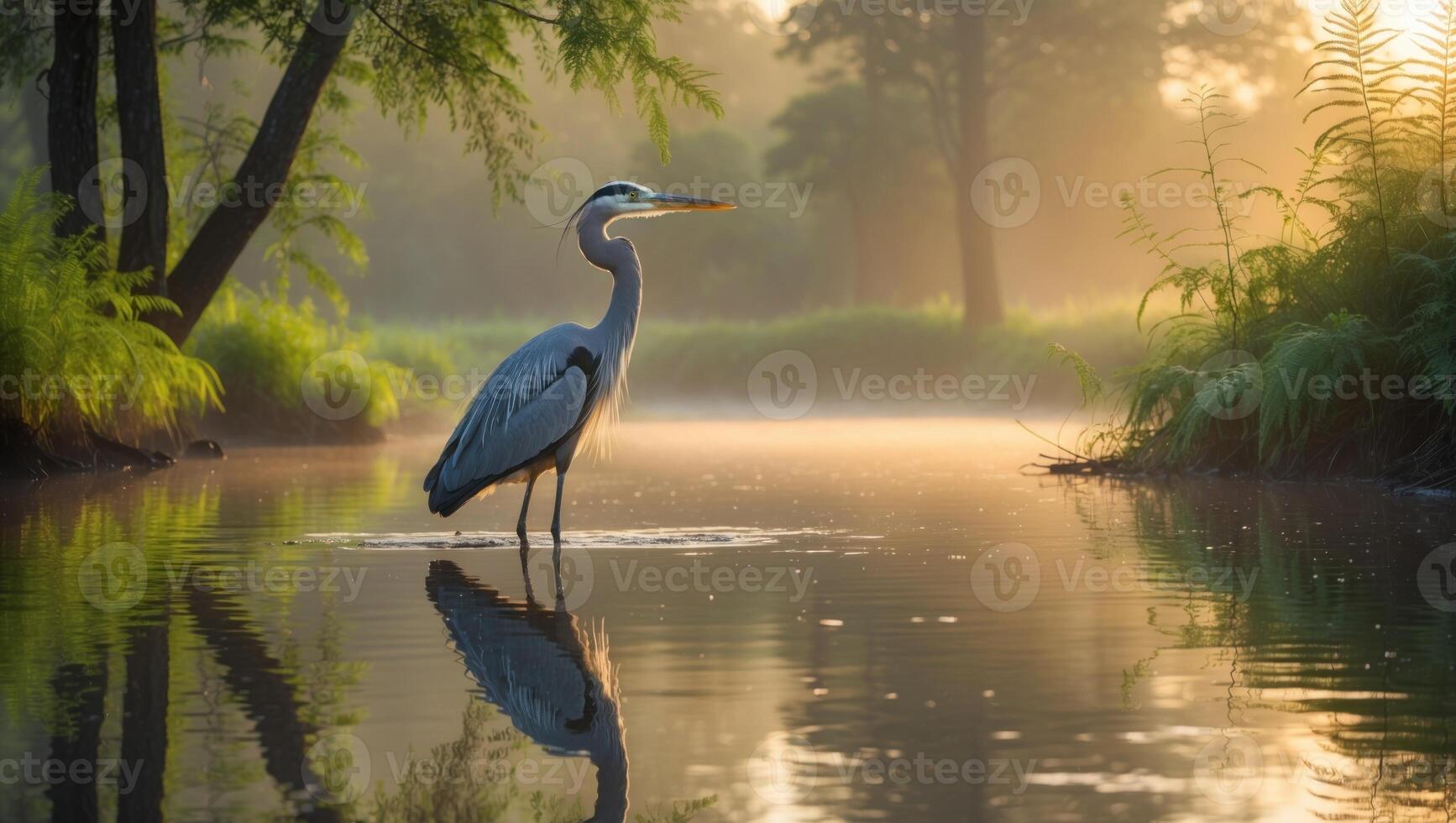 Majestic heron standing in a serene river at dawn, surrounded by lush greenery and misty atmosphere photo