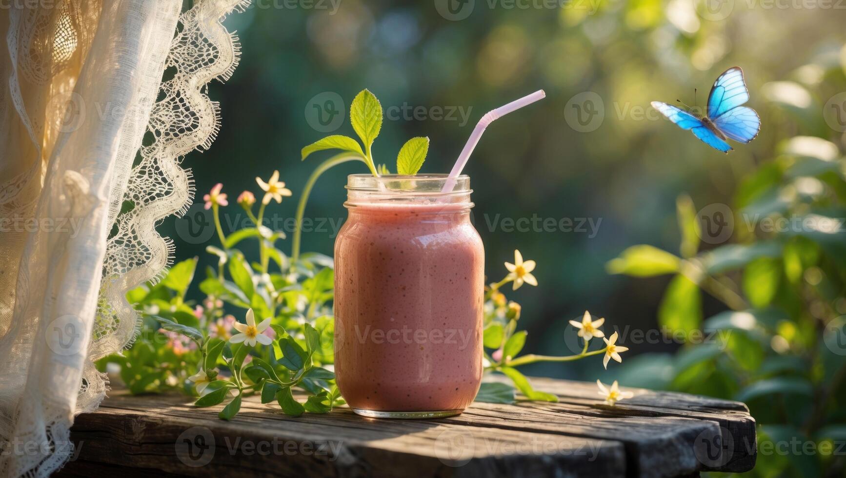 Refreshing smoothie in a jar with a straw, surrounded by flowers and greenery, with a butterfly nearby photo