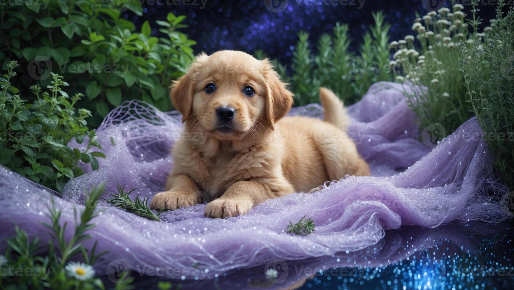 Adorable golden retriever puppy resting on soft fabric surrounded by greenery and sparkling backdrop photo