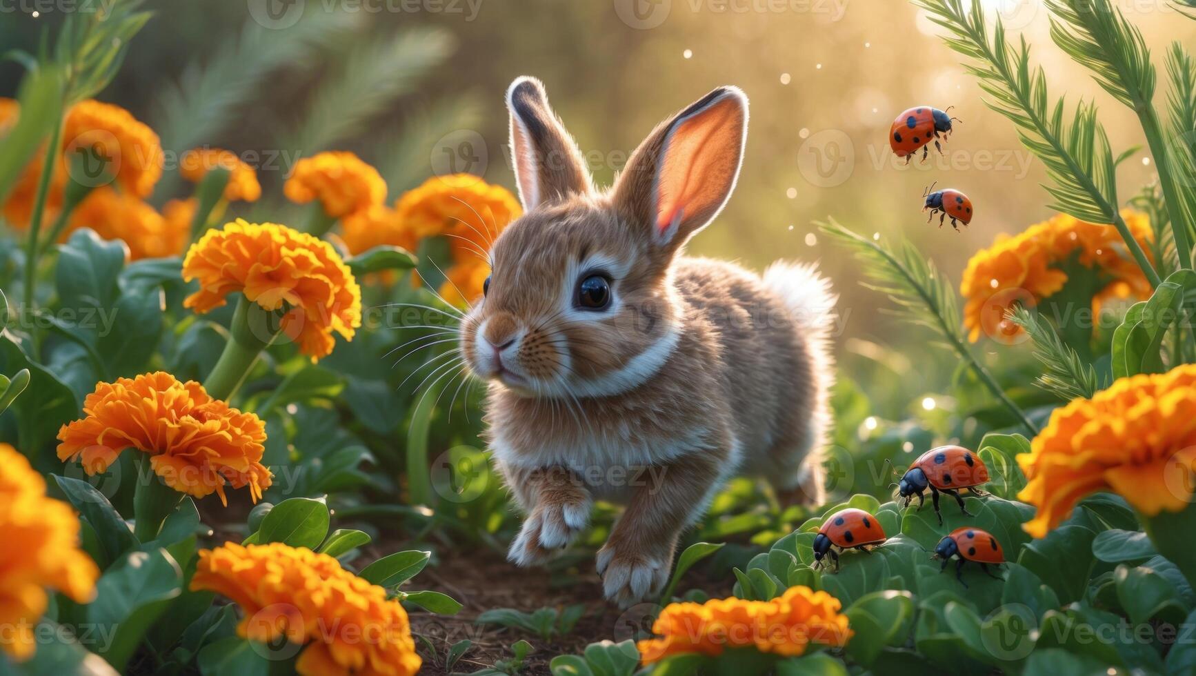 A playful rabbit hops through a vibrant garden filled with marigolds and ladybugs under sunlight photo