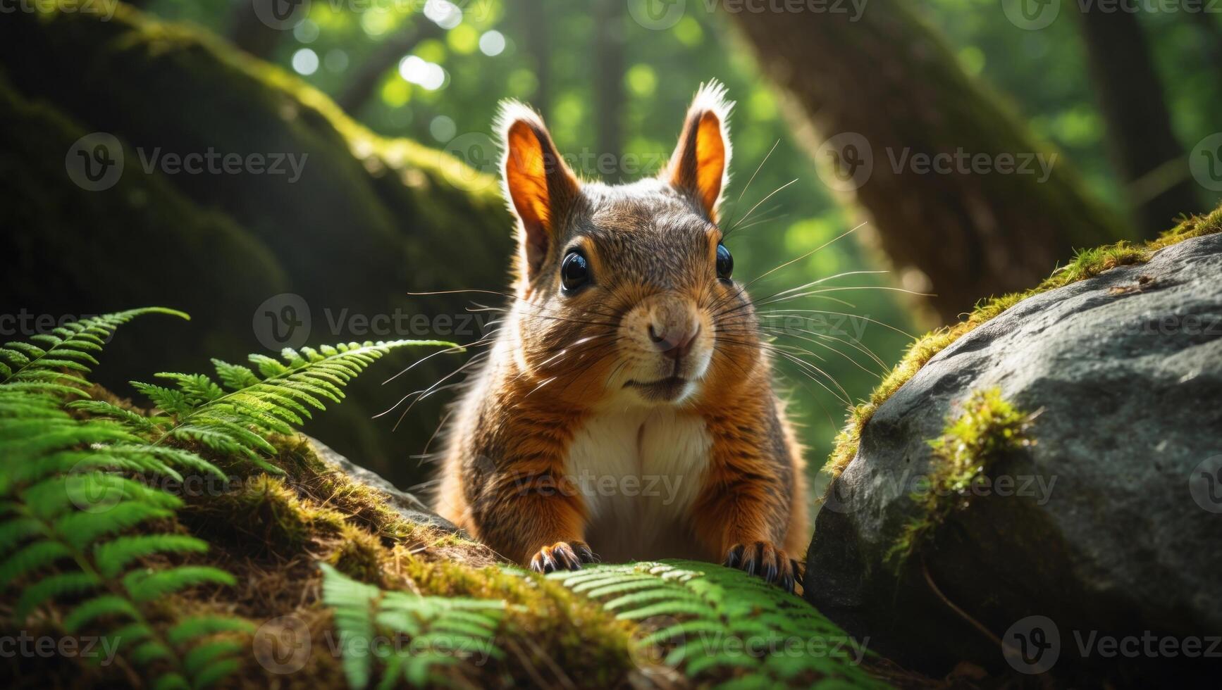 Close-up of a curious squirrel exploring a forest floor surrounded by ferns and mossy rocks photo