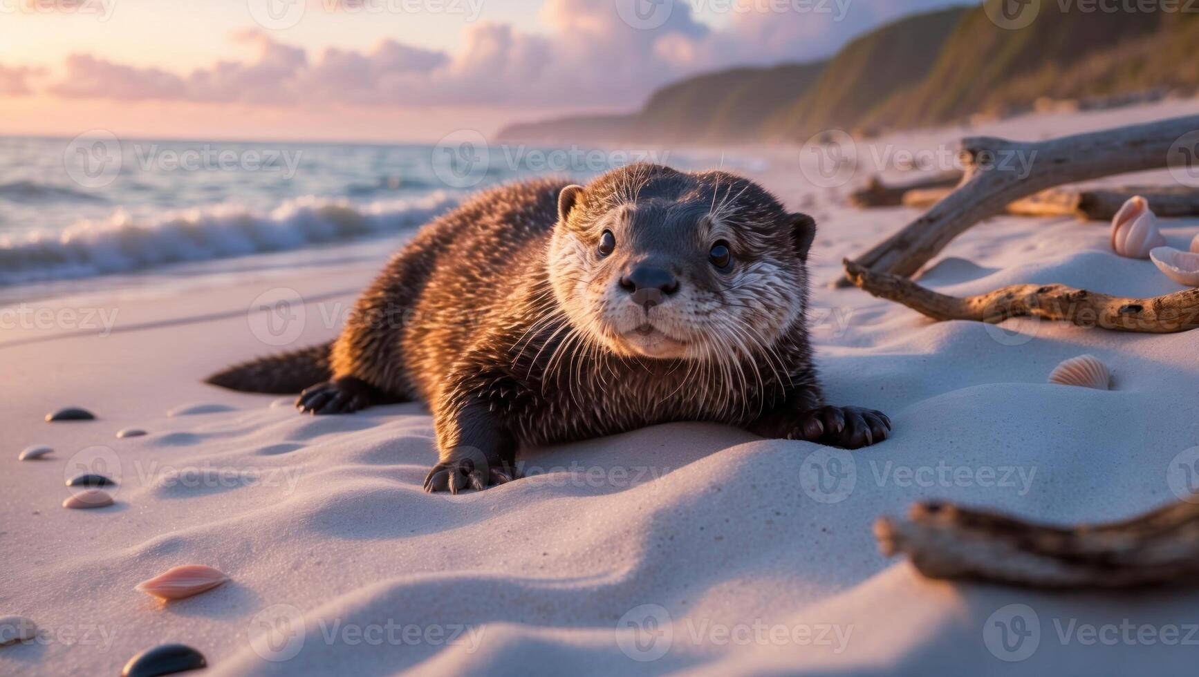 Playful otter lounging on sandy beach at sunset, waves gently lapping in the background photo