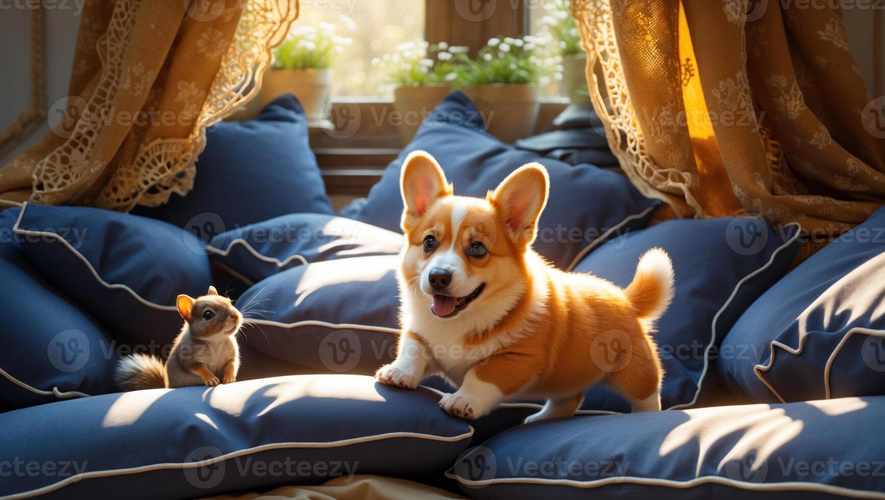 Playful corgi dog jumping on plush blue cushions with a curious squirrel in a sunlit cozy room photo