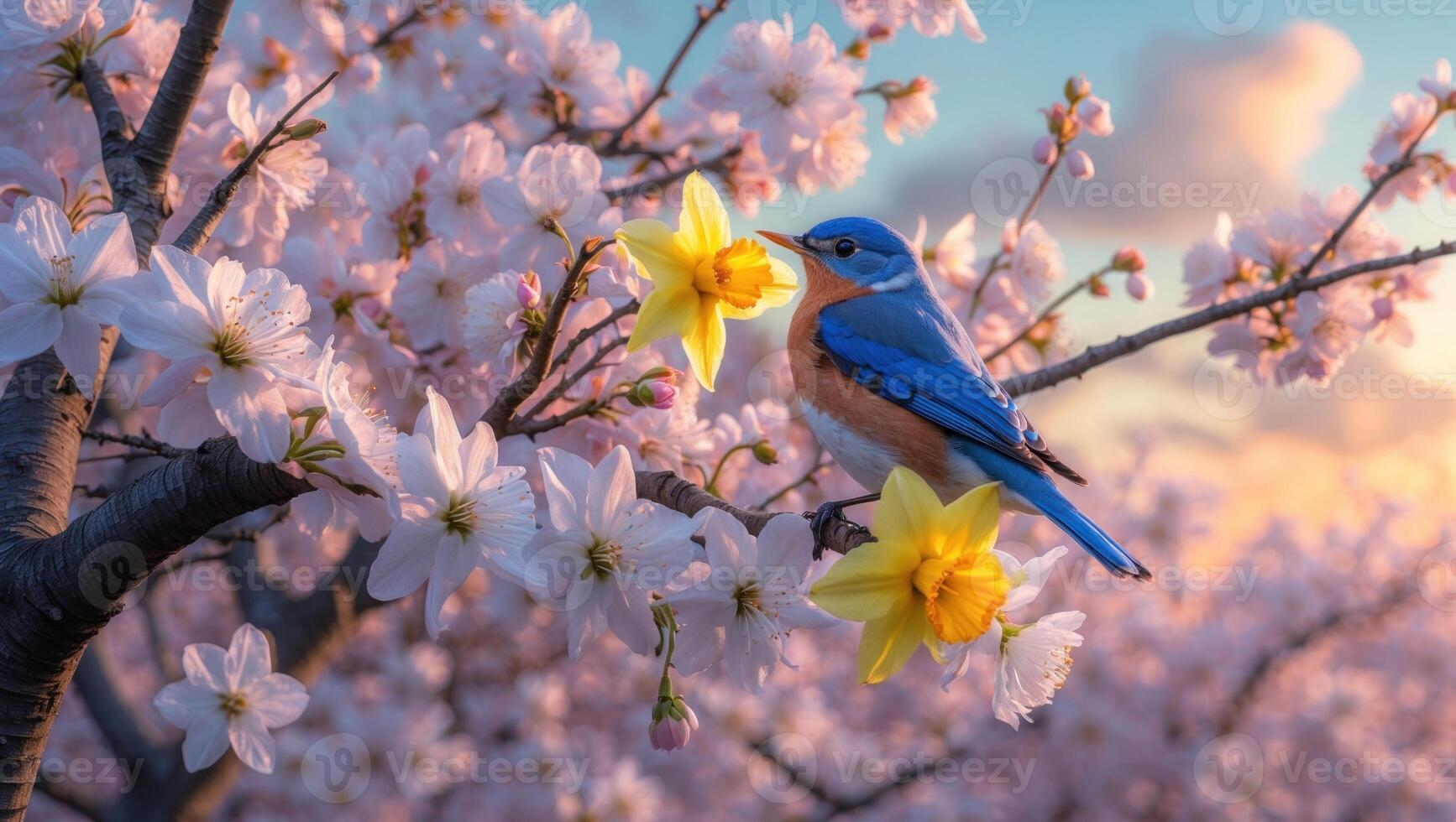 A vibrant bluebird perched on a blooming cherry blossom branch with daffodils, under a colorful sunset photo