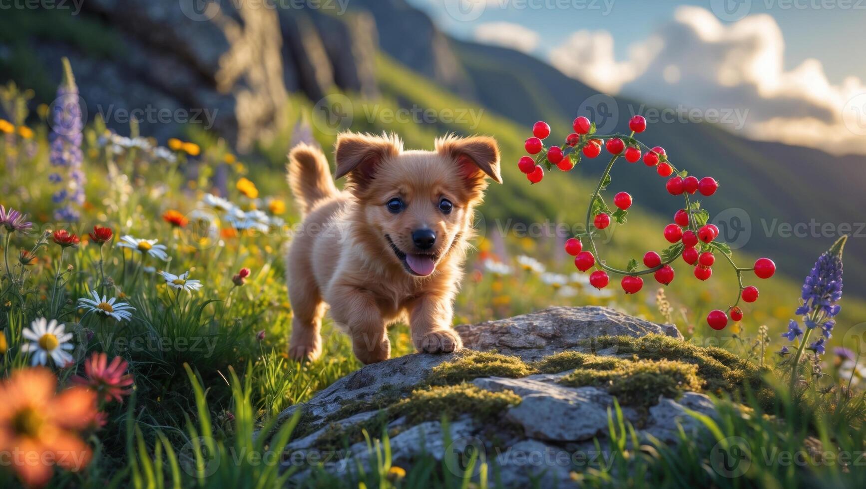 Playful puppy running on a rocky path surrounded by vibrant wildflowers in a sunny meadow photo