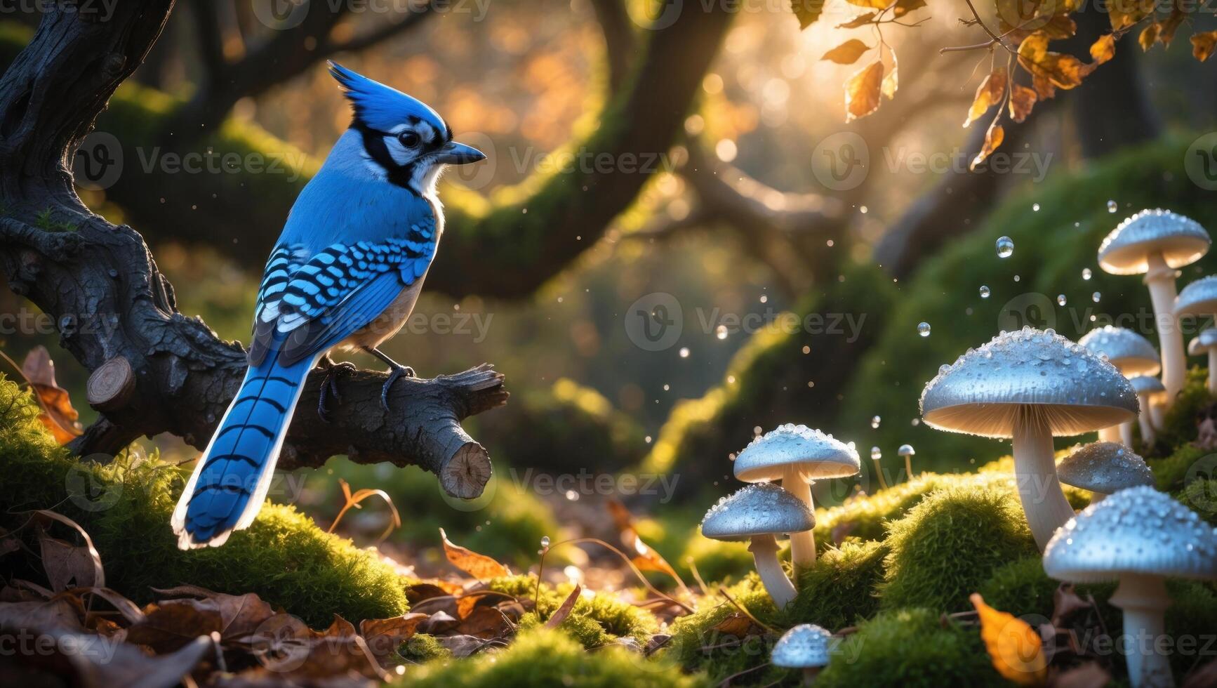 A vibrant blue jay perched on a mossy log amidst sparkling mushrooms in a serene forest setting photo