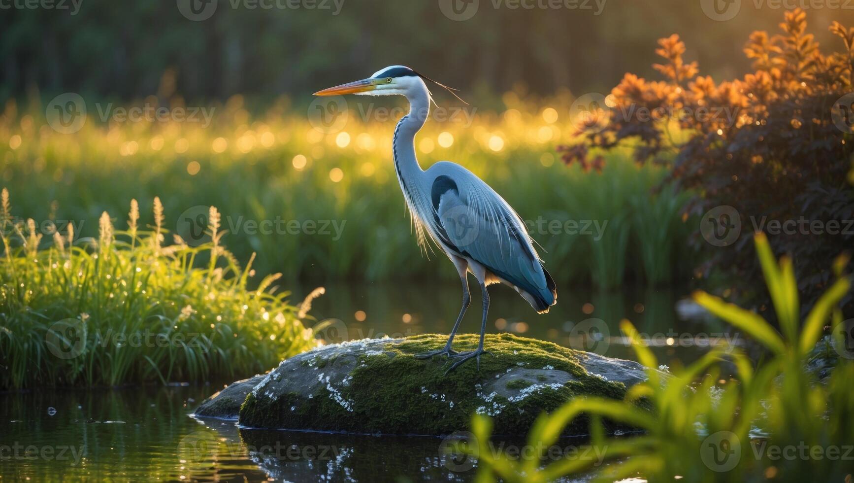 Majestic heron standing on a moss-covered rock in a serene pond surrounded by lush greenery photo