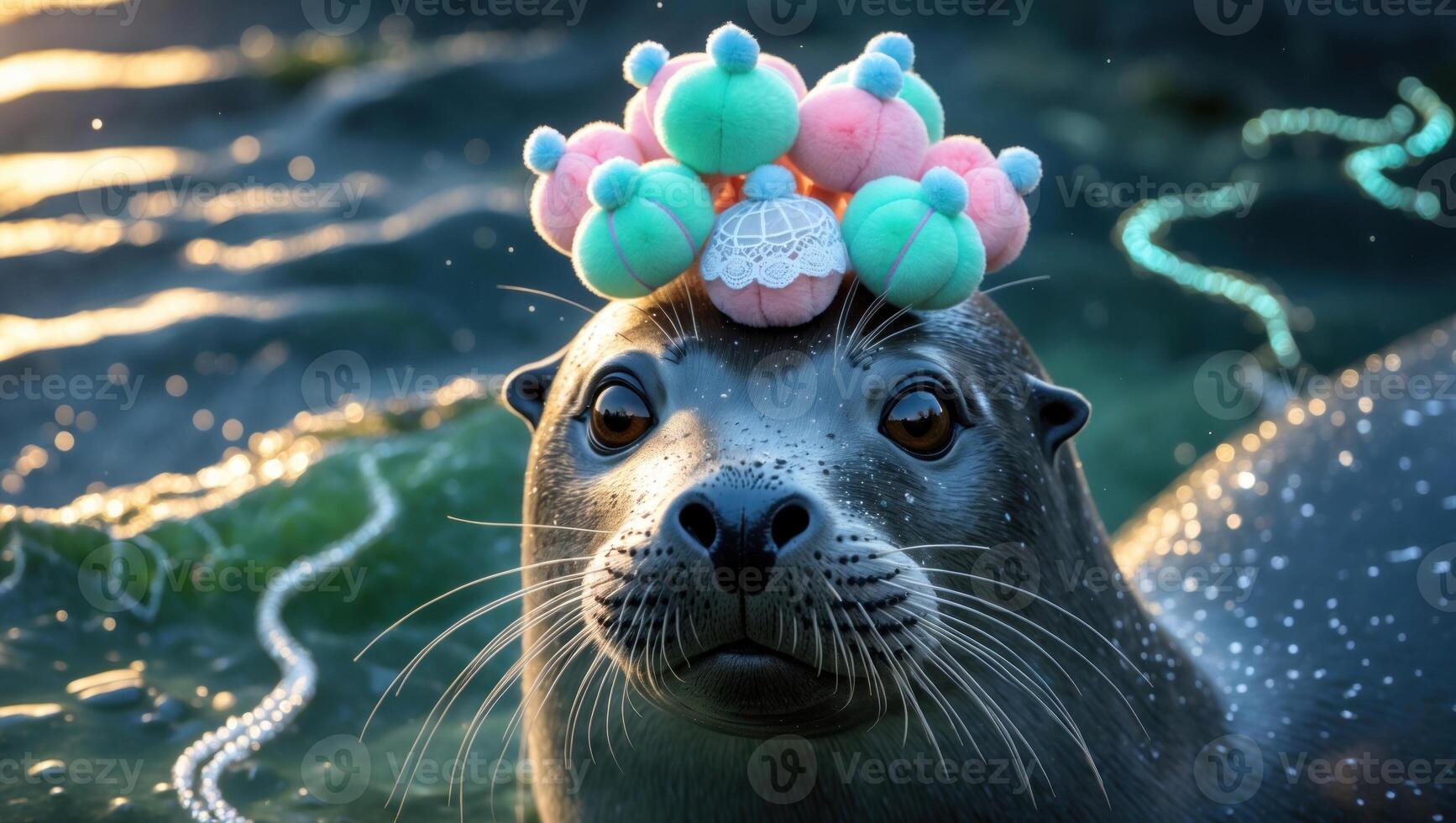 Seal wearing a colorful crown of soft toys, basking by the water's edge during sunset photo