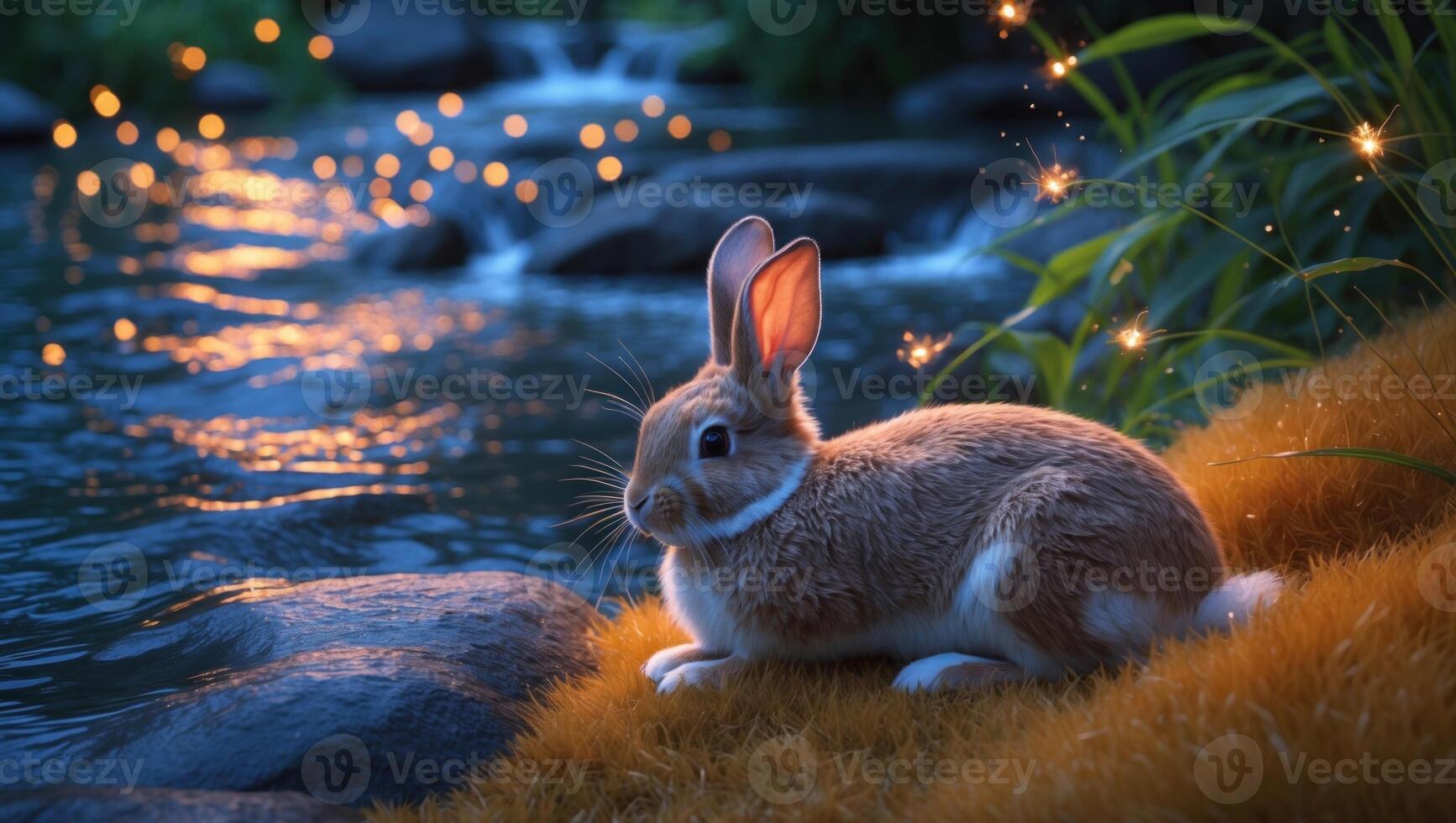 Serene rabbit resting by a tranquil stream at dusk, surrounded by glowing fireflies and lush greenery photo