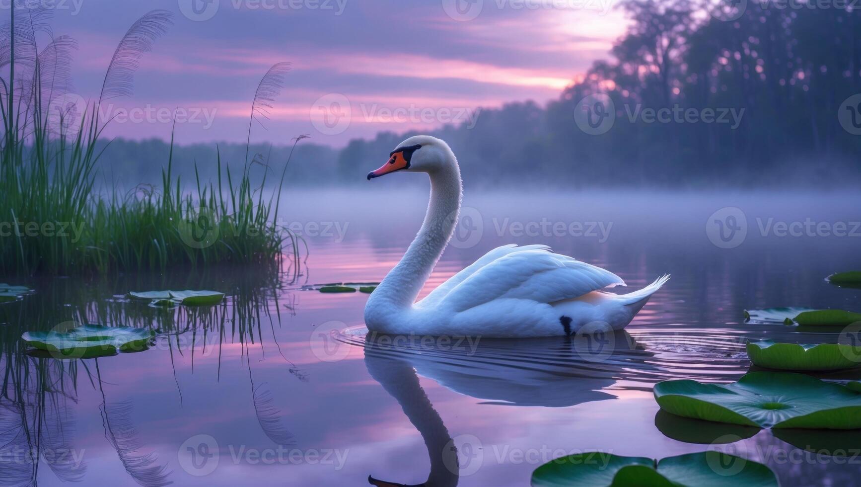 Majestic swan gliding on tranquil lake at dawn, surrounded by lily pads and misty forest backdrop photo