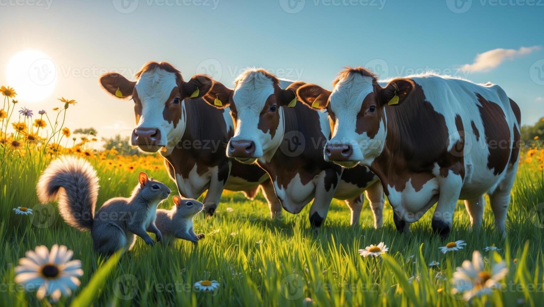 Three cows standing in a vibrant field with two squirrels in the foreground and a sunset backdrop photo