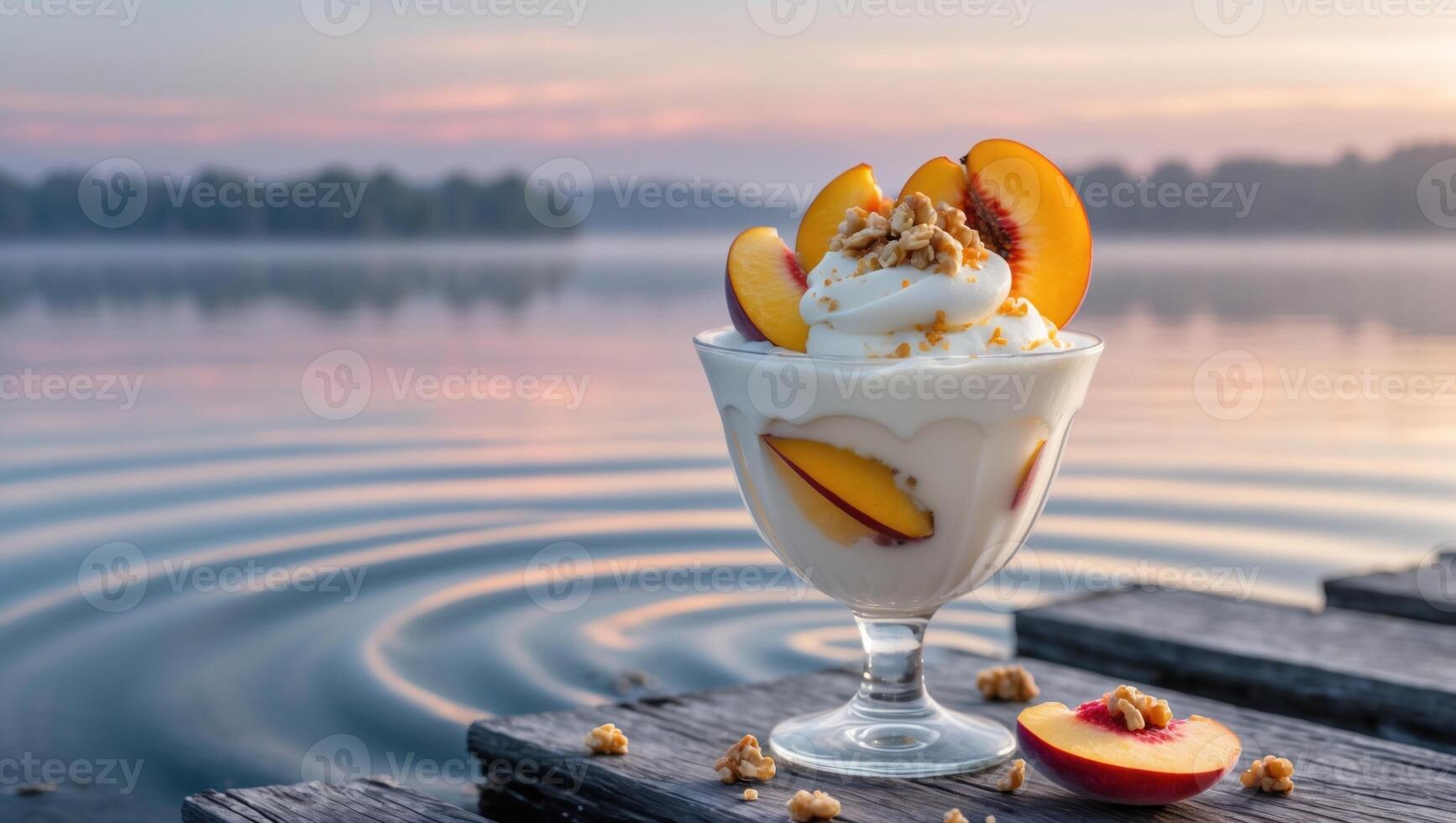 Refreshing dessert of yogurt topped with fresh peaches and granola by a serene lakeside at sunset photo