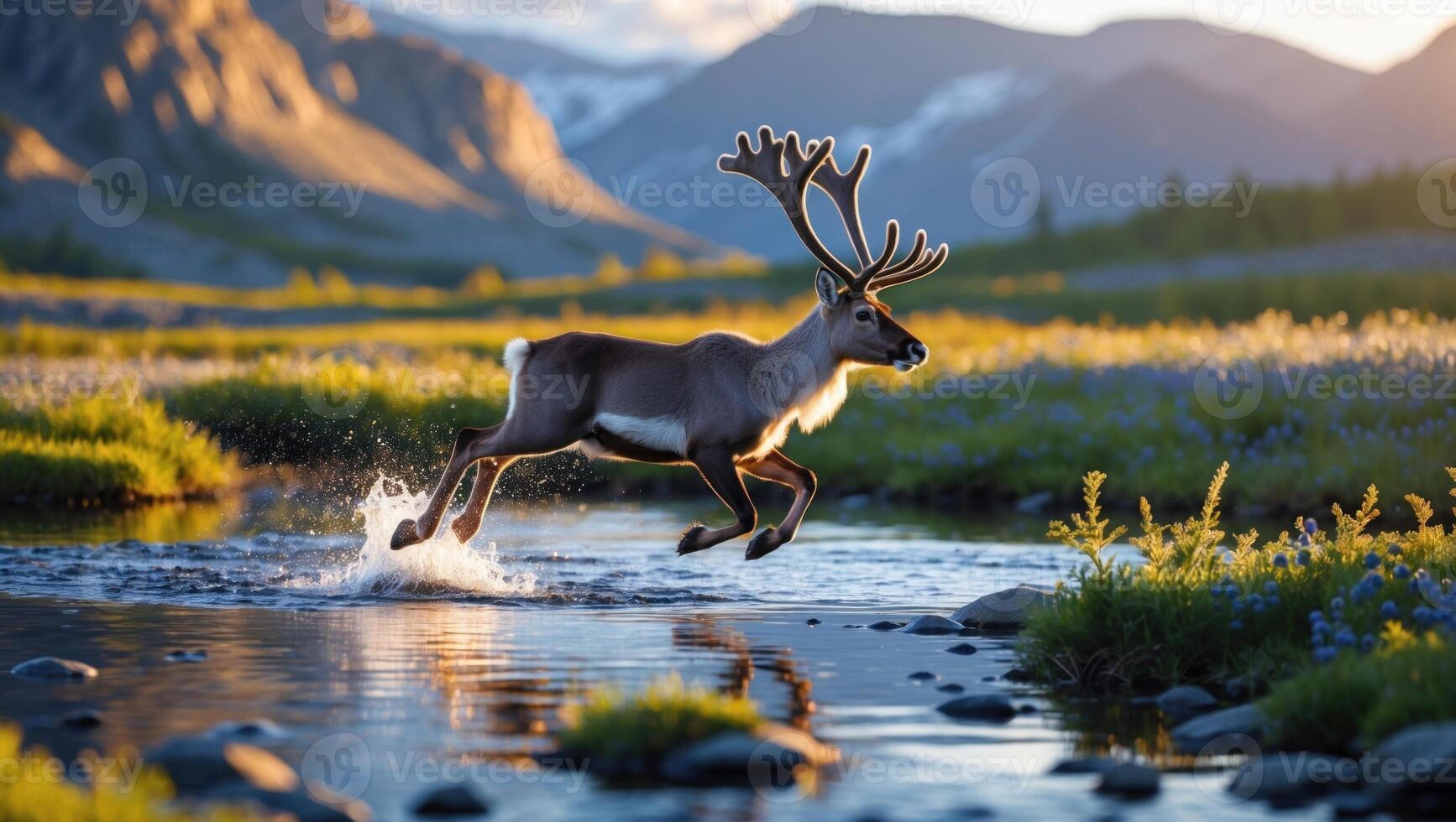 Majestic reindeer leaping through a shimmering stream surrounded by vibrant wildflowers and mountains photo