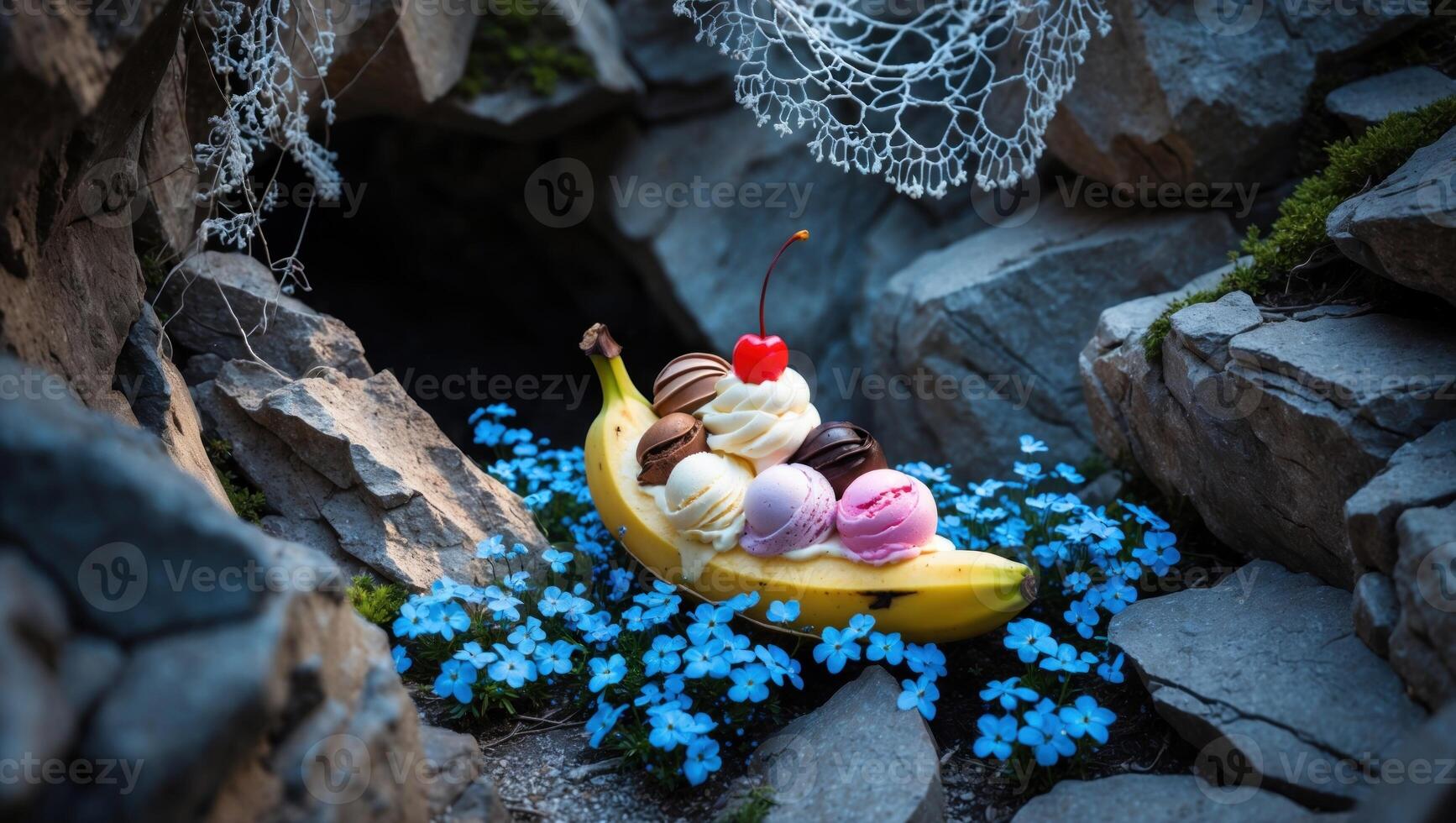Colorful ice cream scoops served on a banana nestled among blue flowers in a rocky setting photo