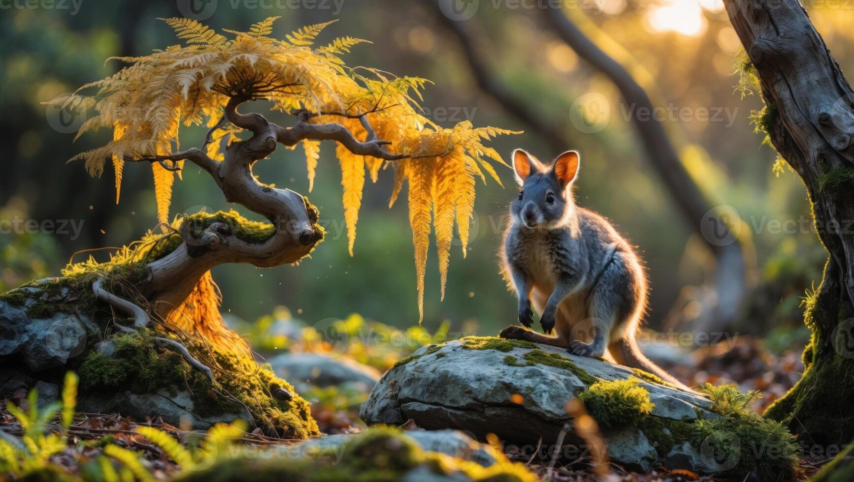 A serene scene featuring a wallaby near a bonsai tree in a lush forest at sunset, with soft light photo