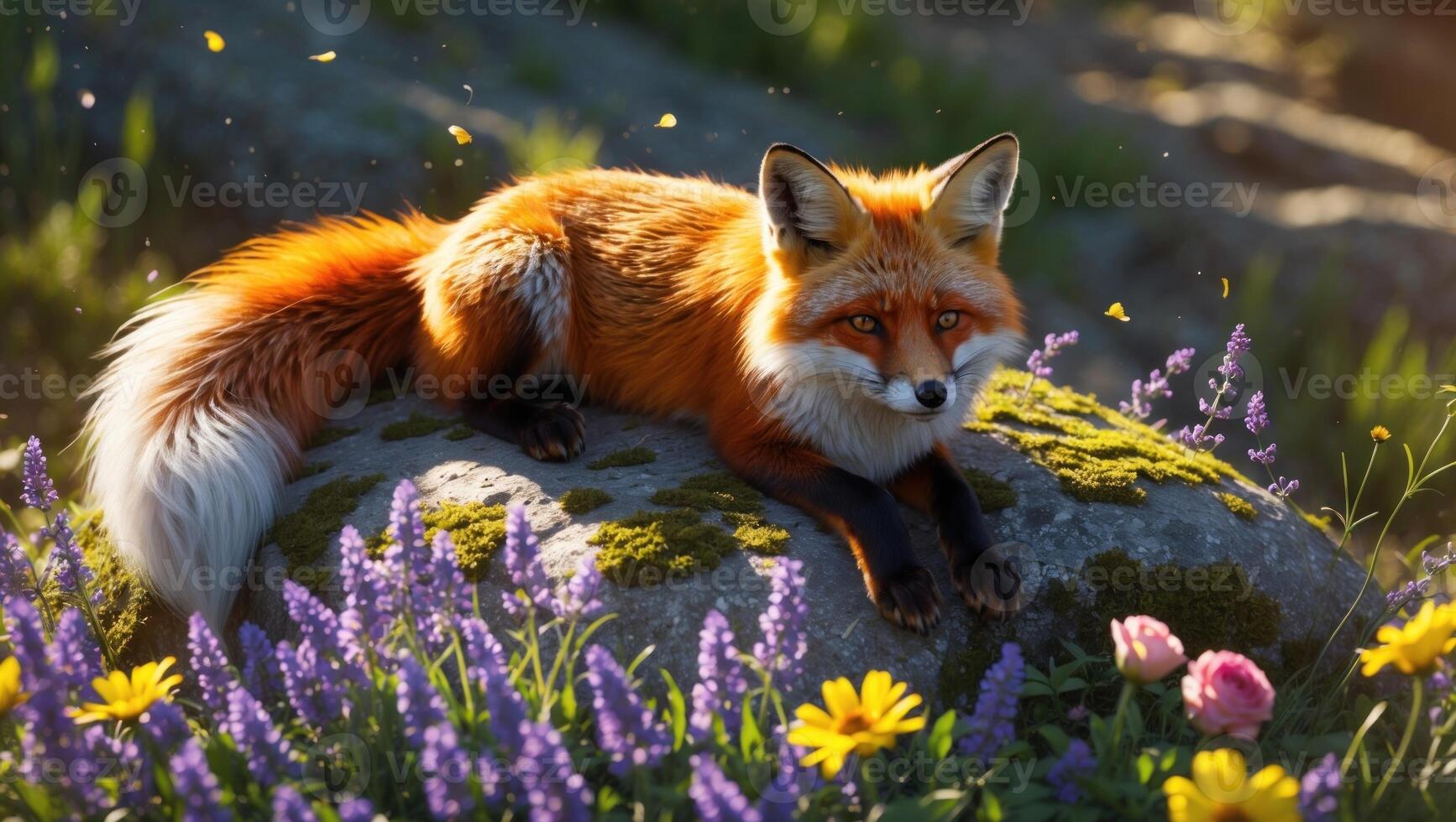 A serene red fox resting on a mossy rock surrounded by vibrant wildflowers in a sunlit meadow photo