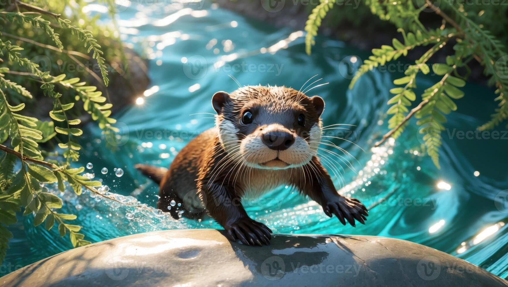 Playful otter emerging from water, surrounded by lush greenery and splashing droplets in sunlight photo