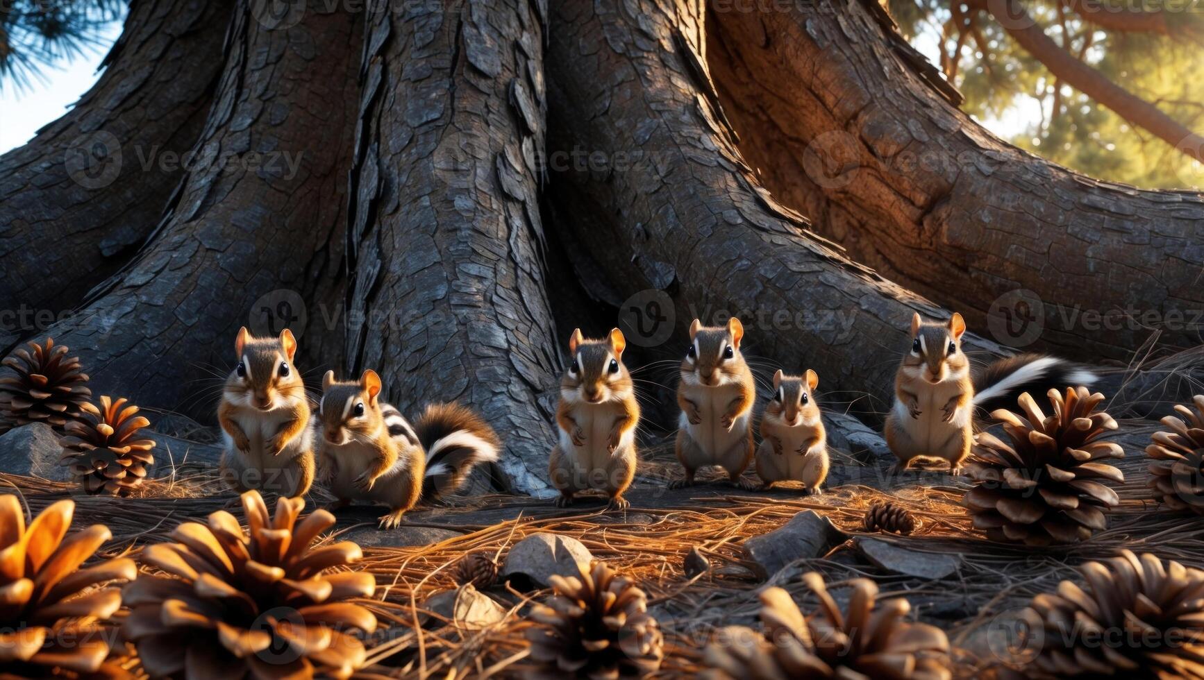 Group of five squirrels gathering around pine cones at the base of a large tree in a serene forest photo