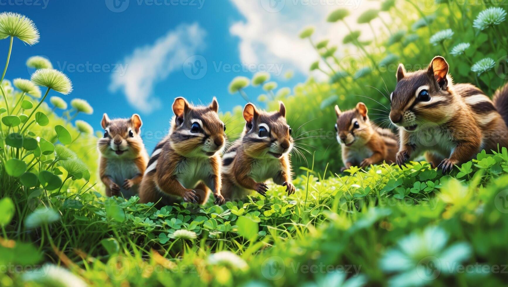 Five playful chipmunks running through a vibrant green meadow under a bright blue sky photo