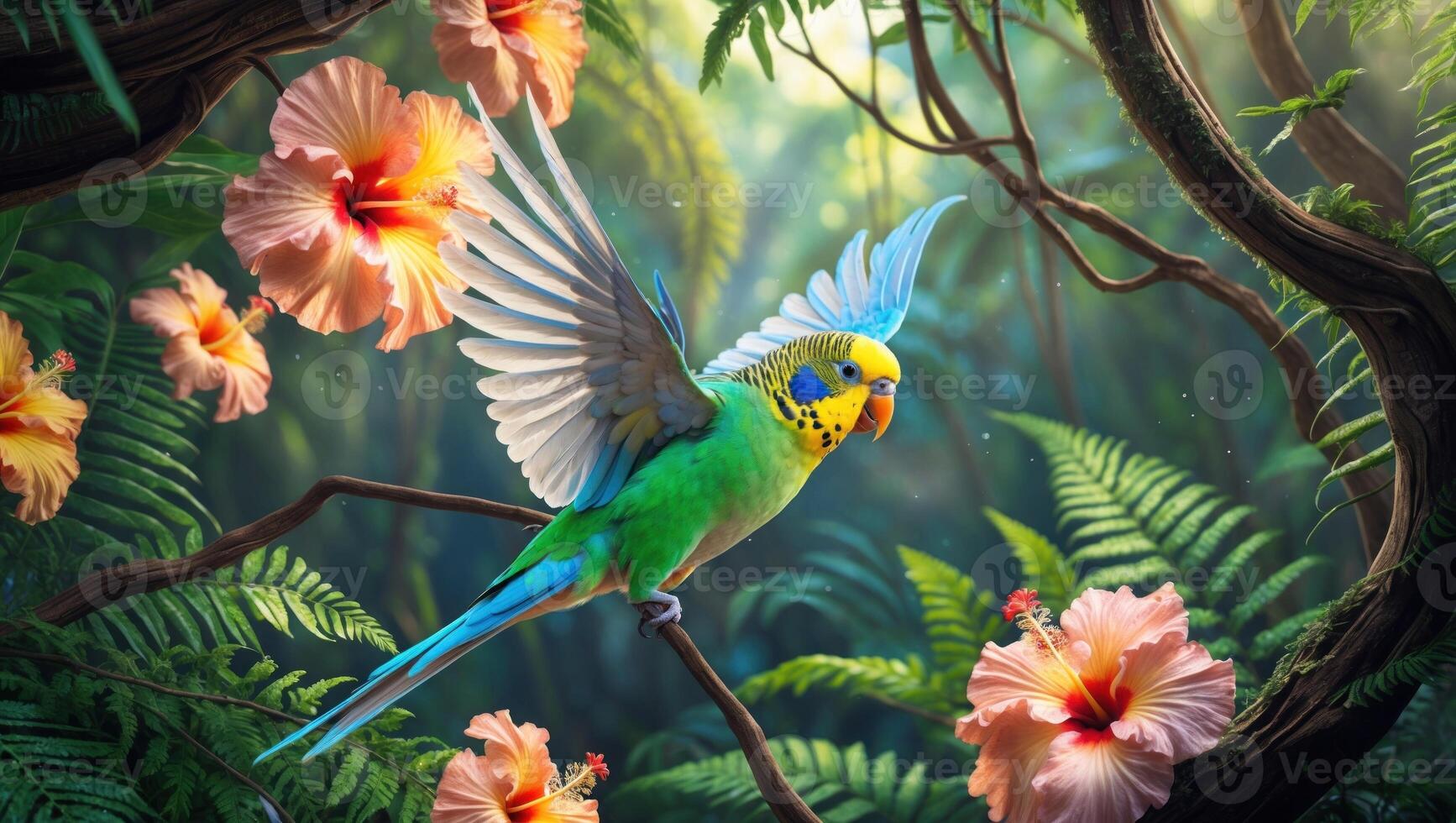 Vibrant parakeet perched among lush tropical foliage and blooming hibiscus flowers in a serene jungle photo