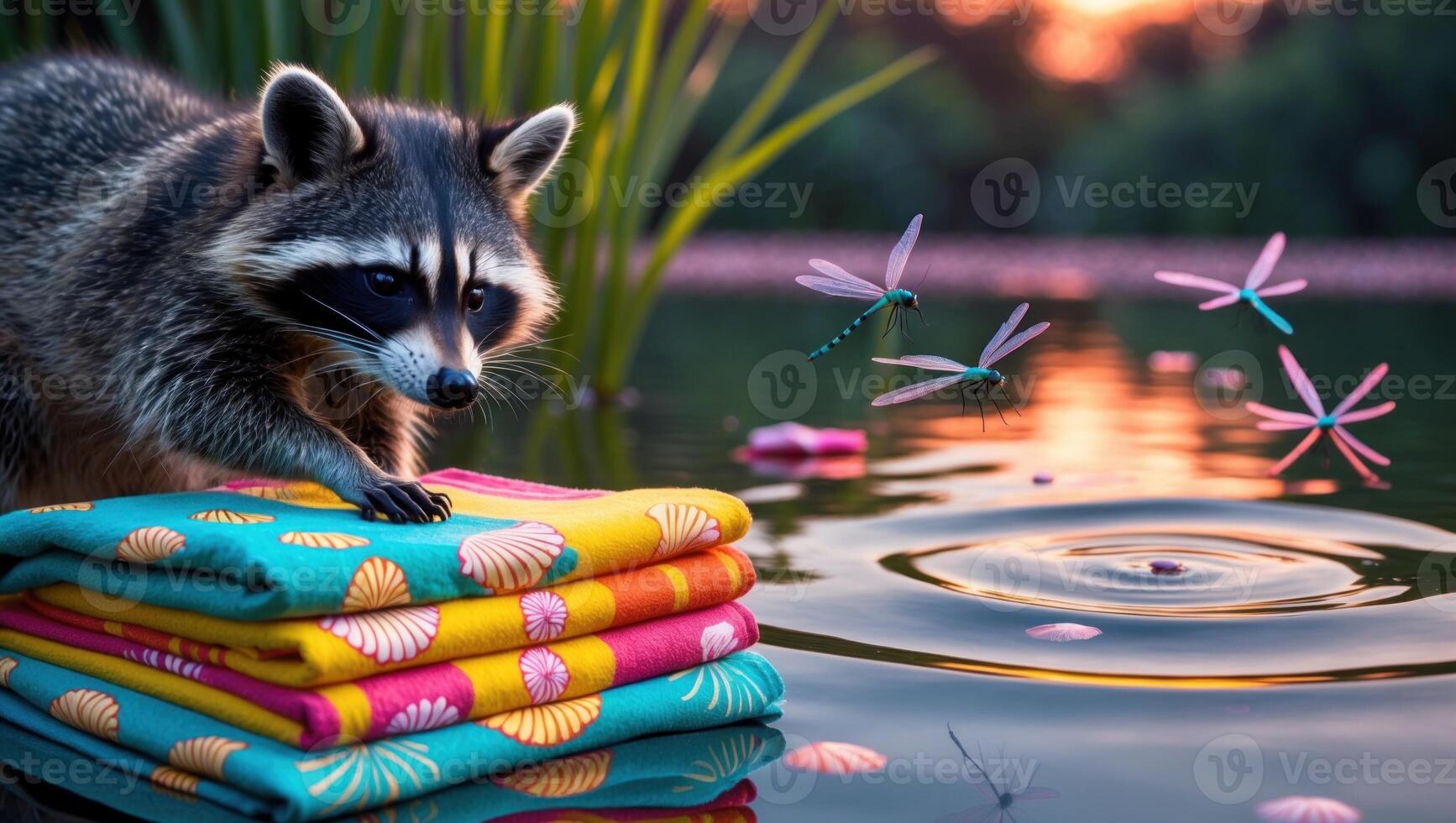A raccoon curiously examines colorful towels stacked by a serene pond, with dragonflies hovering above photo