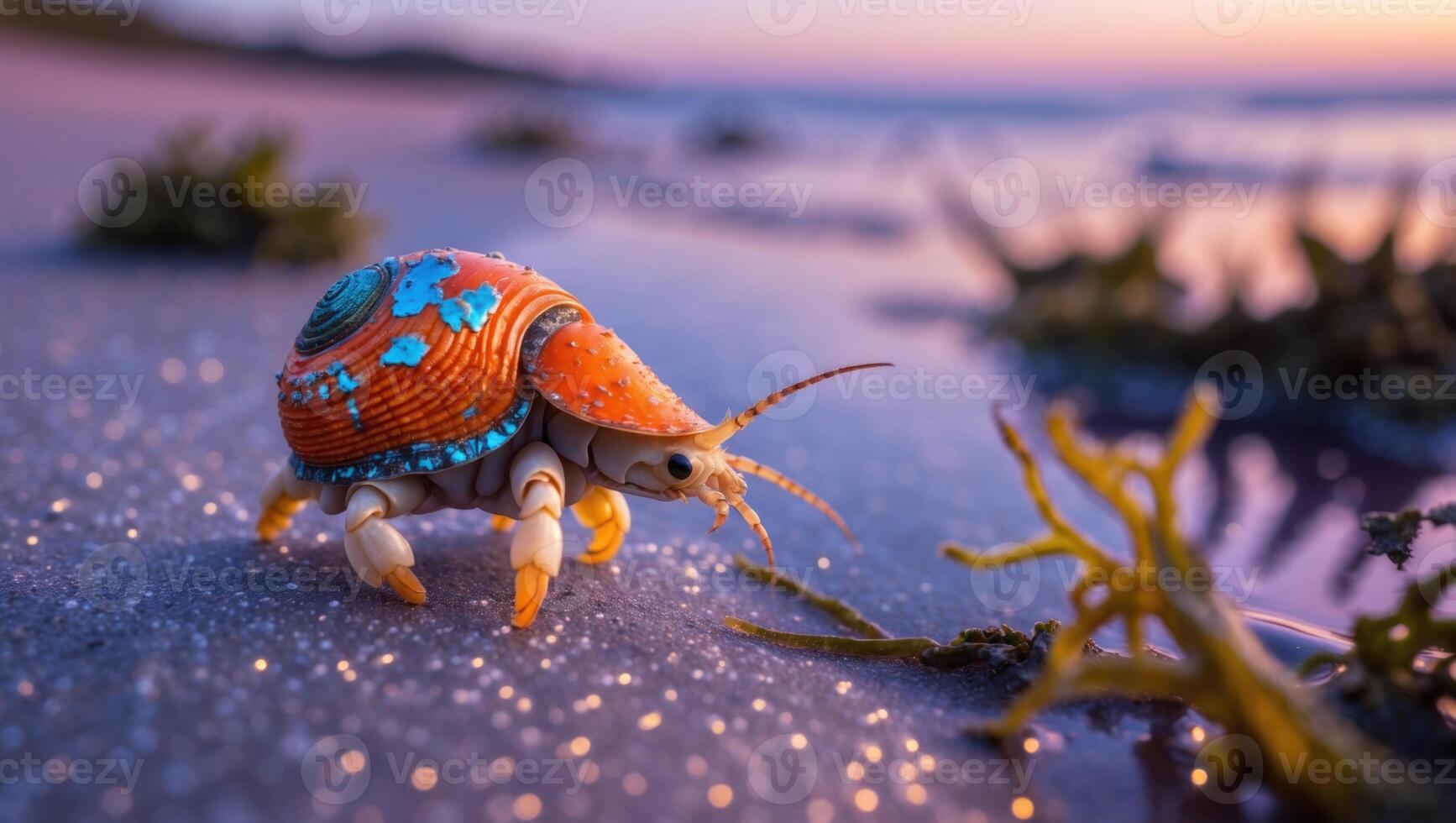 Colorful hermit crab on a sandy beach at sunset, with gentle waves and seaweed in the background photo