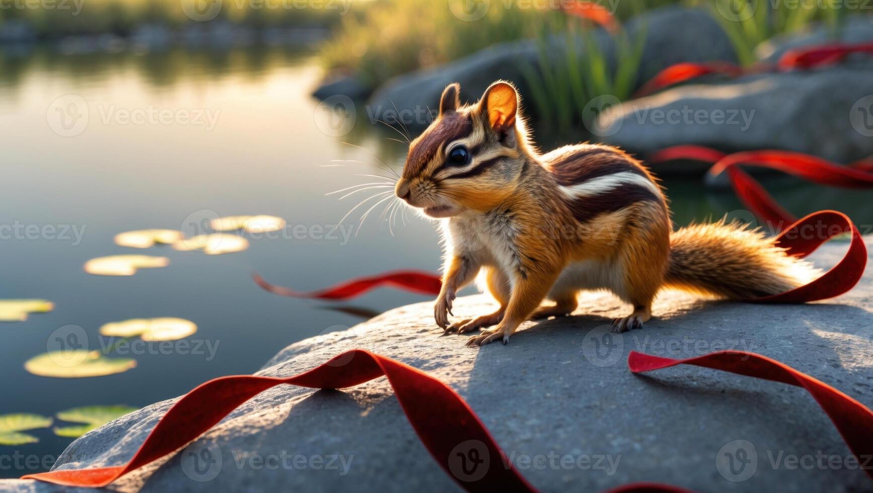 Chipmunk exploring a serene lakeside at sunset, surrounded by vibrant red ribbons and lily pads photo