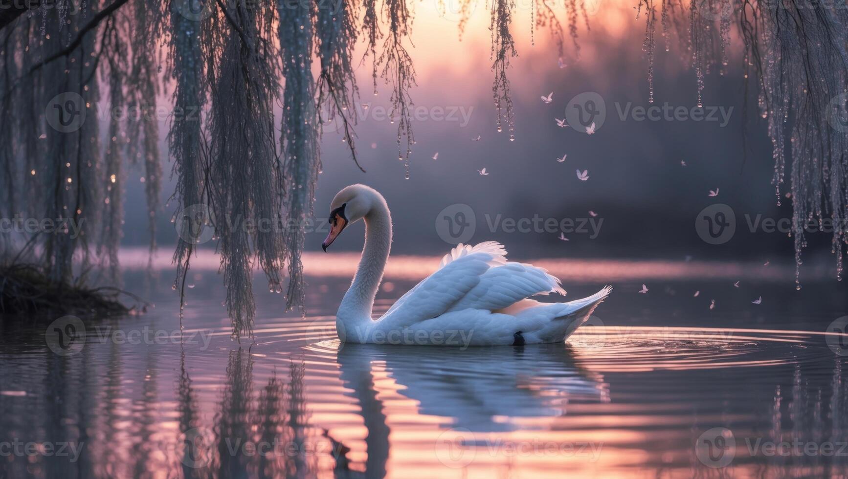 Serene swan gliding across a tranquil lake at sunrise, surrounded by willow trees and soft mist photo