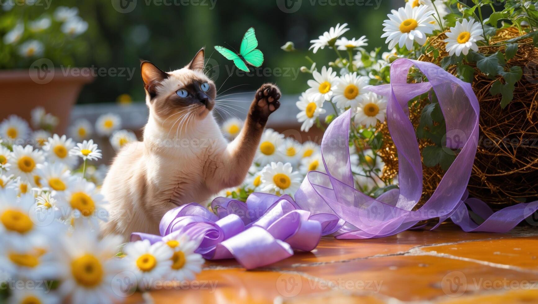 Playful cat reaching for a butterfly amidst a vibrant garden filled with daisies and ribbons photo
