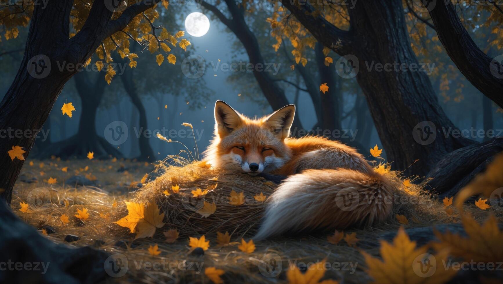 A serene fox resting in a cozy nest of leaves under a glowing moon in an autumn forest photo