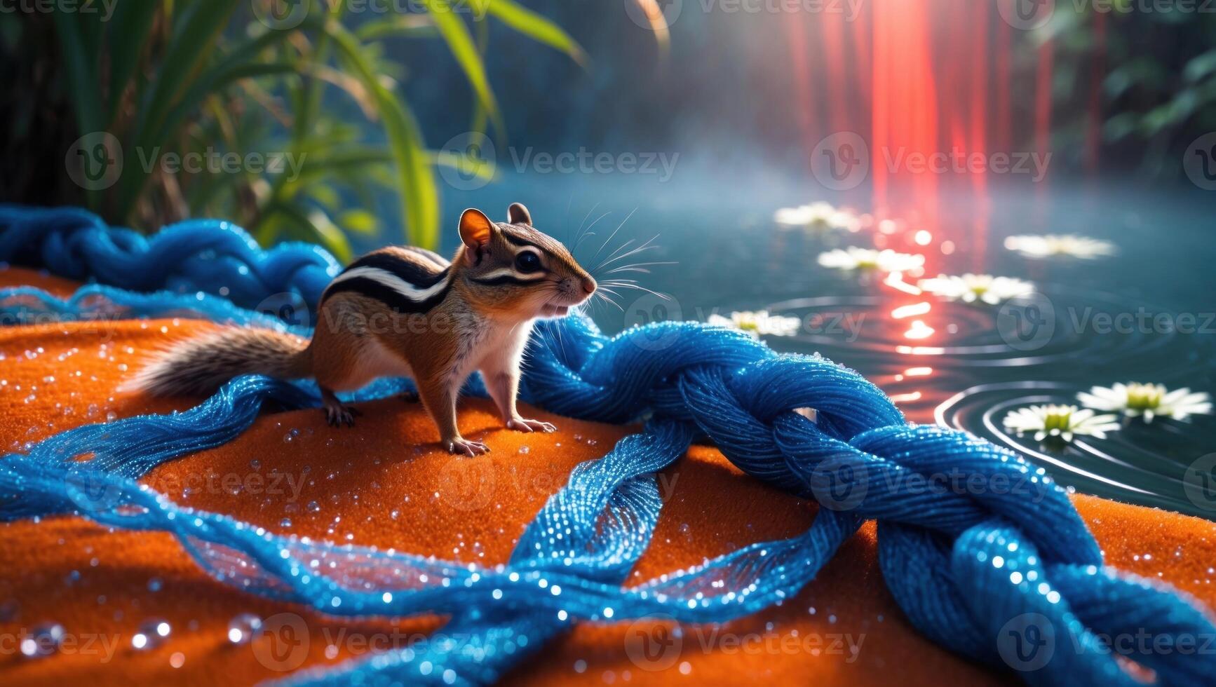A curious chipmunk perched on a vibrant orange fabric near a serene pond with glowing flowers photo