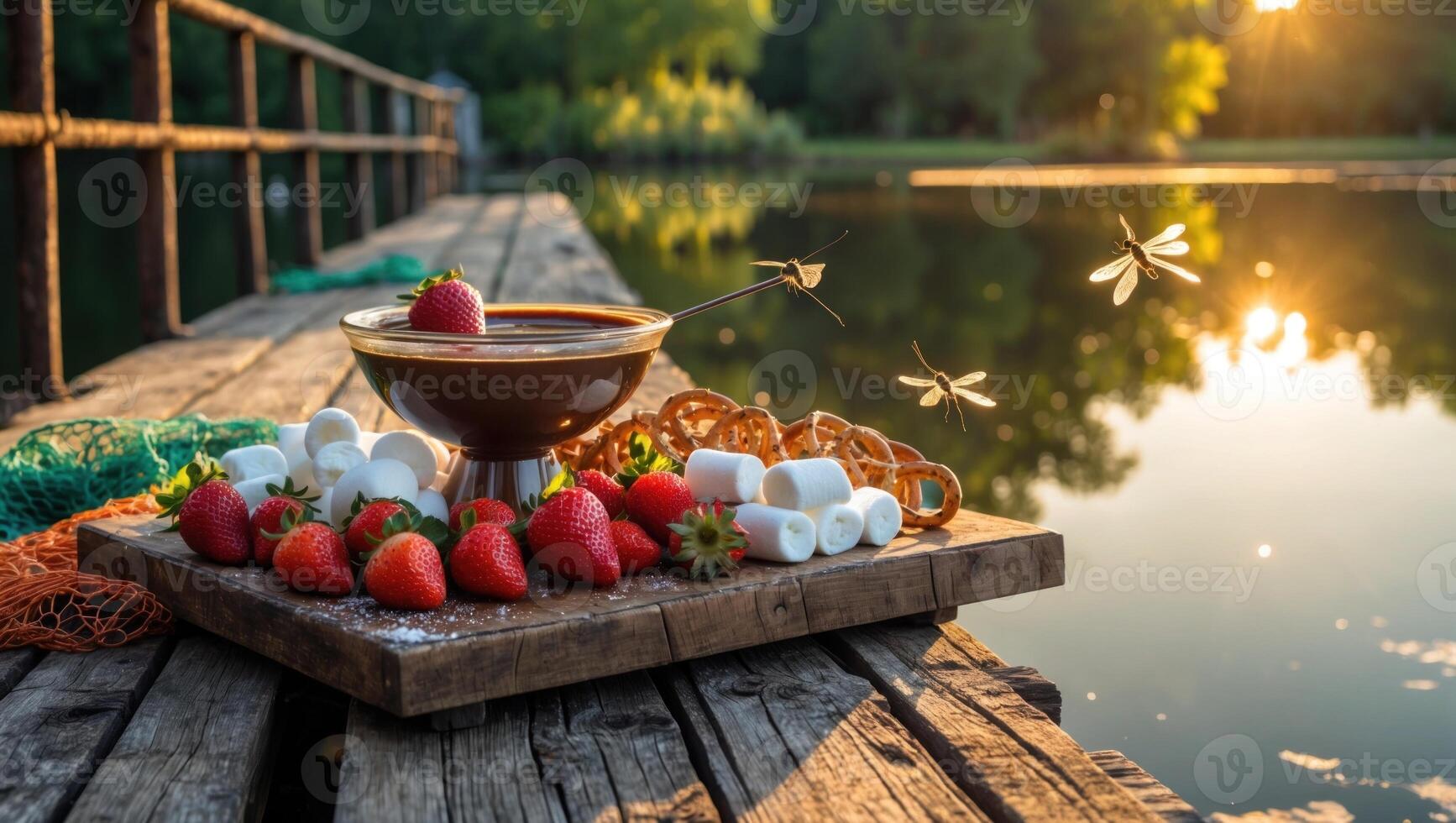 A serene evening by the lake featuring a chocolate fondue set with fresh strawberries and marshmallows photo