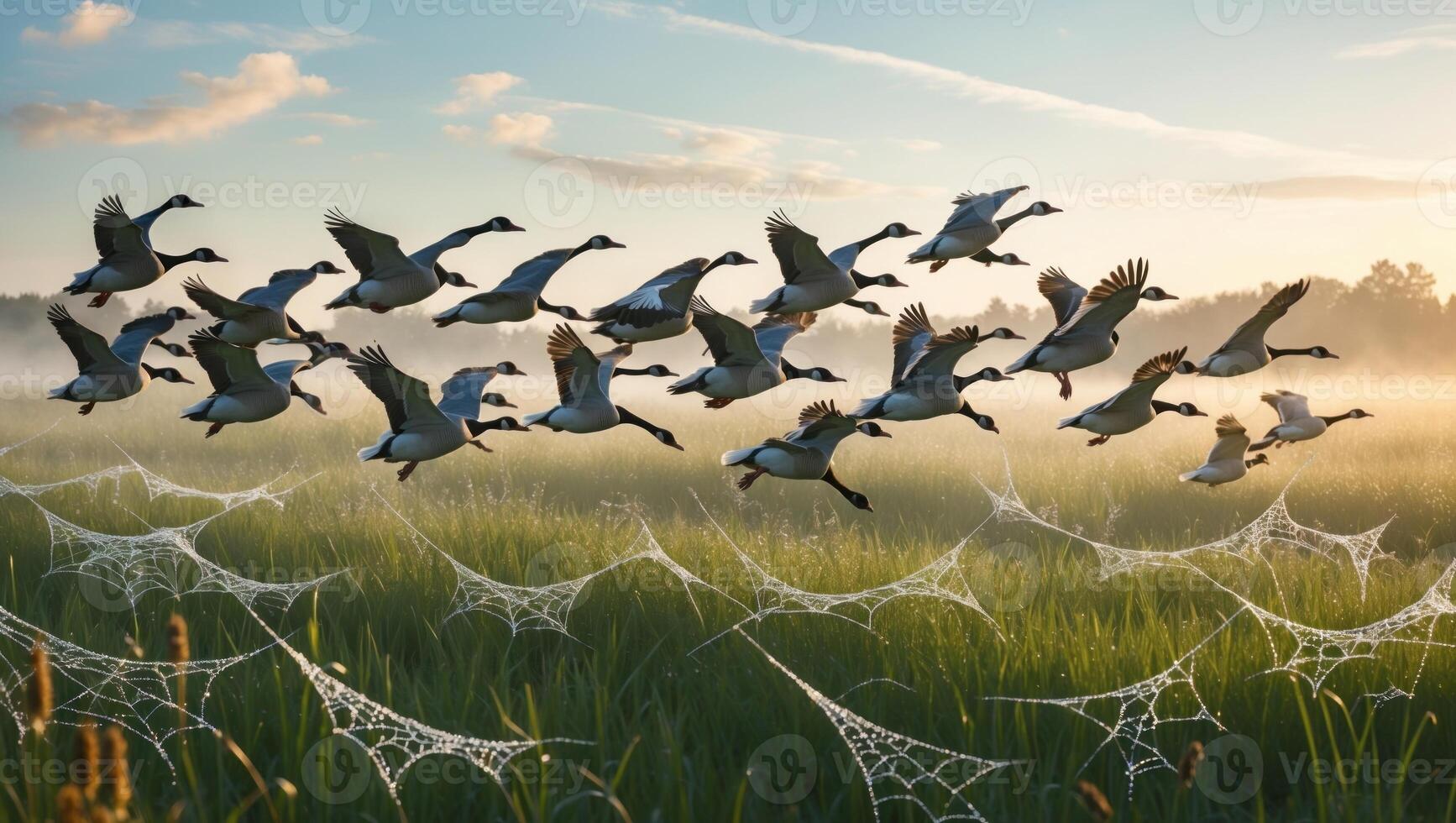 Flock of Geese Flying Over Misty Wetlands at Sunrise with Spiderwebs Glimmering in the Background photo